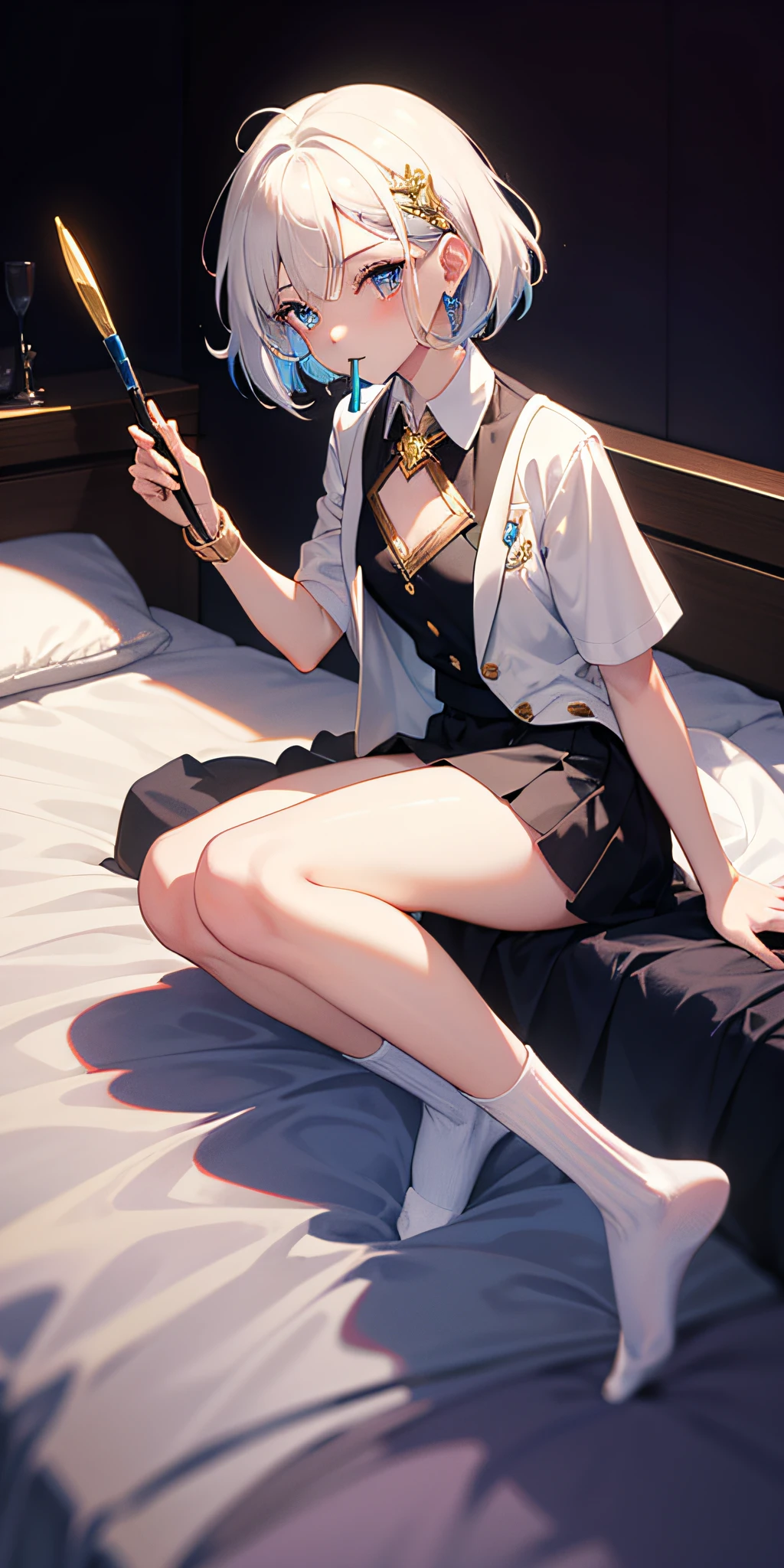 She has short white hair，Glass Hitomi，adolable，close-up all over the body，Keep your mouth shut，hyper HD，high qulity，Wear a white vest，Dull hair on the head，Wear a short skirt，A hexagonal gold brooch is worn on his chest，The chest is small，s girl，Holds a magic wand in his right hand，Bare legged，Wear socks，Very beautiful，15 ysh a twisted braid，with fair skin，teens girl，A shyk，sit on a bed，Top angle of view
