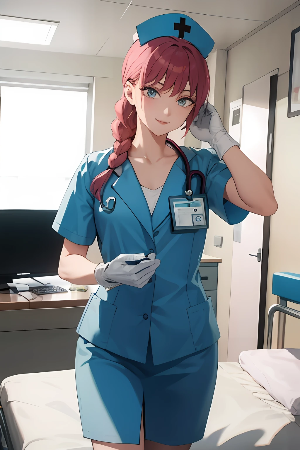 master piece, beste-Qualit, detailded, seulement, 1fille, nurse, bas, seductive pose, nurse cap, rideaux de poitrine, Gants, Souriant, attentive, compatissant, interagir, amical, chaleureux, hospital, Medical Clinic, nursing position, chevet du patient, salle de traitement, Medical equipment, fournitures, hospital beds, moniteurs, medicaments, patient, Colleagues, traditionnel, bleu clair, protecteur, background, cadre, medical, clinique, chevet, traitement, equipment, fournitures, hospital bed, moniteur, medicaments, masque chirurgical, Cheveux courts, seins moyens, beaux yeux bruns, décolleté, gros seins, transpiration, rougissement, respiration lourde, masque chirurgical, Medical gloves, lingerie, bas, seductive pose, (Pluie), rideaux de poitrine,