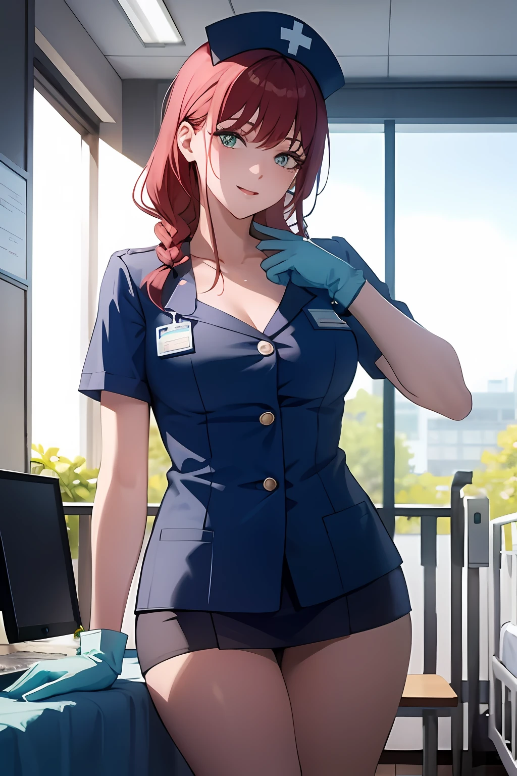 master piece, beste-Qualit, detailded, seulement, 1fille, nurse, bas, seductive pose, nurse cap, rideaux de poitrine, Gants, Souriant, attentive, compatissant, interagir, amical, chaleureux, hospital, Medical Clinic, nursing position, chevet du patient, salle de traitement, Medical equipment, fournitures, hospital beds, moniteurs, medicaments, patient, Colleagues, traditionnel, bleu clair, protecteur, background, cadre, medical, clinique, chevet, traitement, equipment, fournitures, hospital bed, moniteur, medicaments, masque chirurgical, Cheveux courts, seins moyens, beaux yeux bruns, décolleté, gros seins, transpiration, rougissement, respiration lourde, masque chirurgical, Medical gloves, lingerie, bas, seductive pose, (Pluie), rideaux de poitrine,