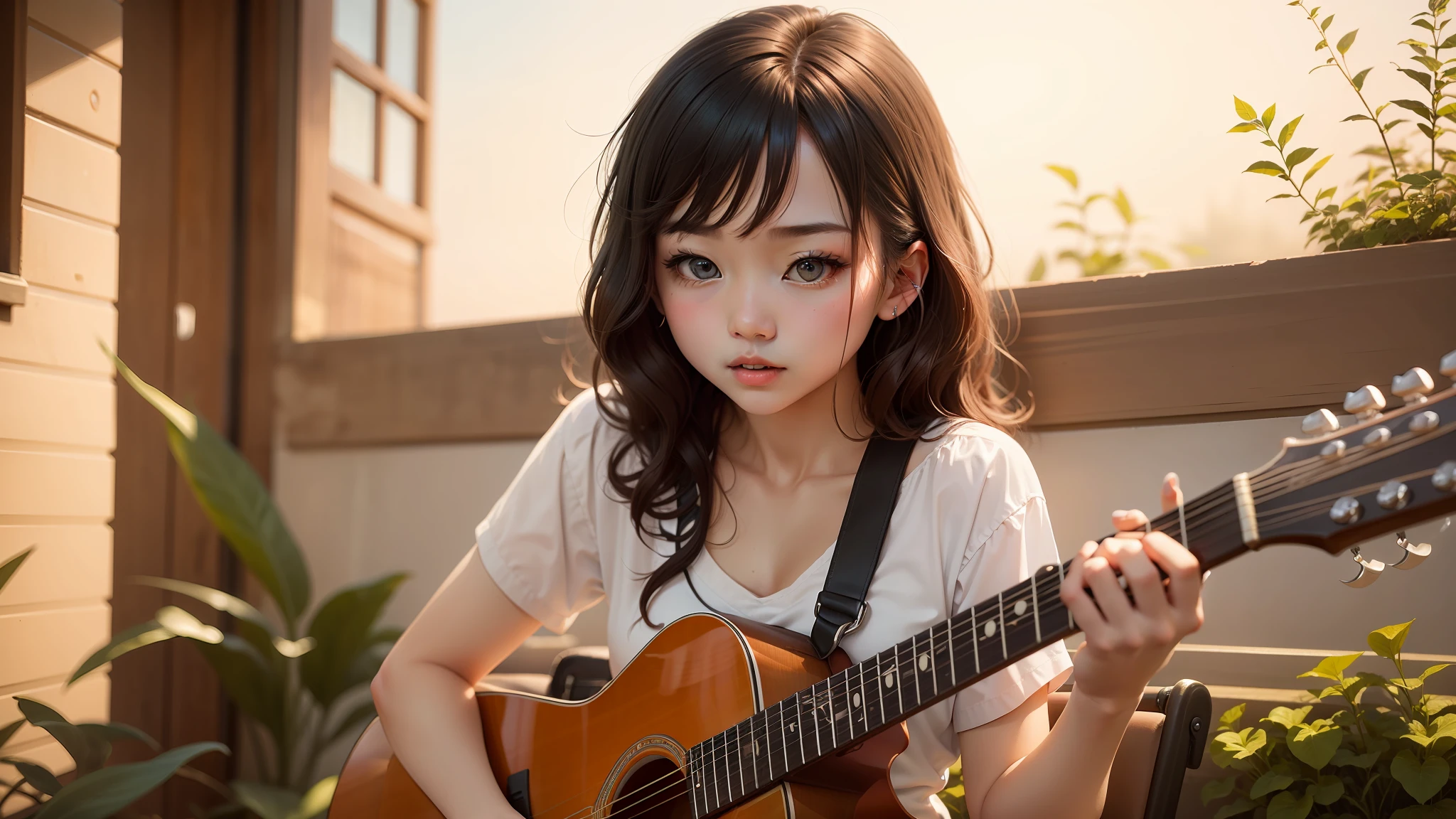 This girl，Sit under the stars and play guitar，adolable，The starry sky is bright，It feels impressive。