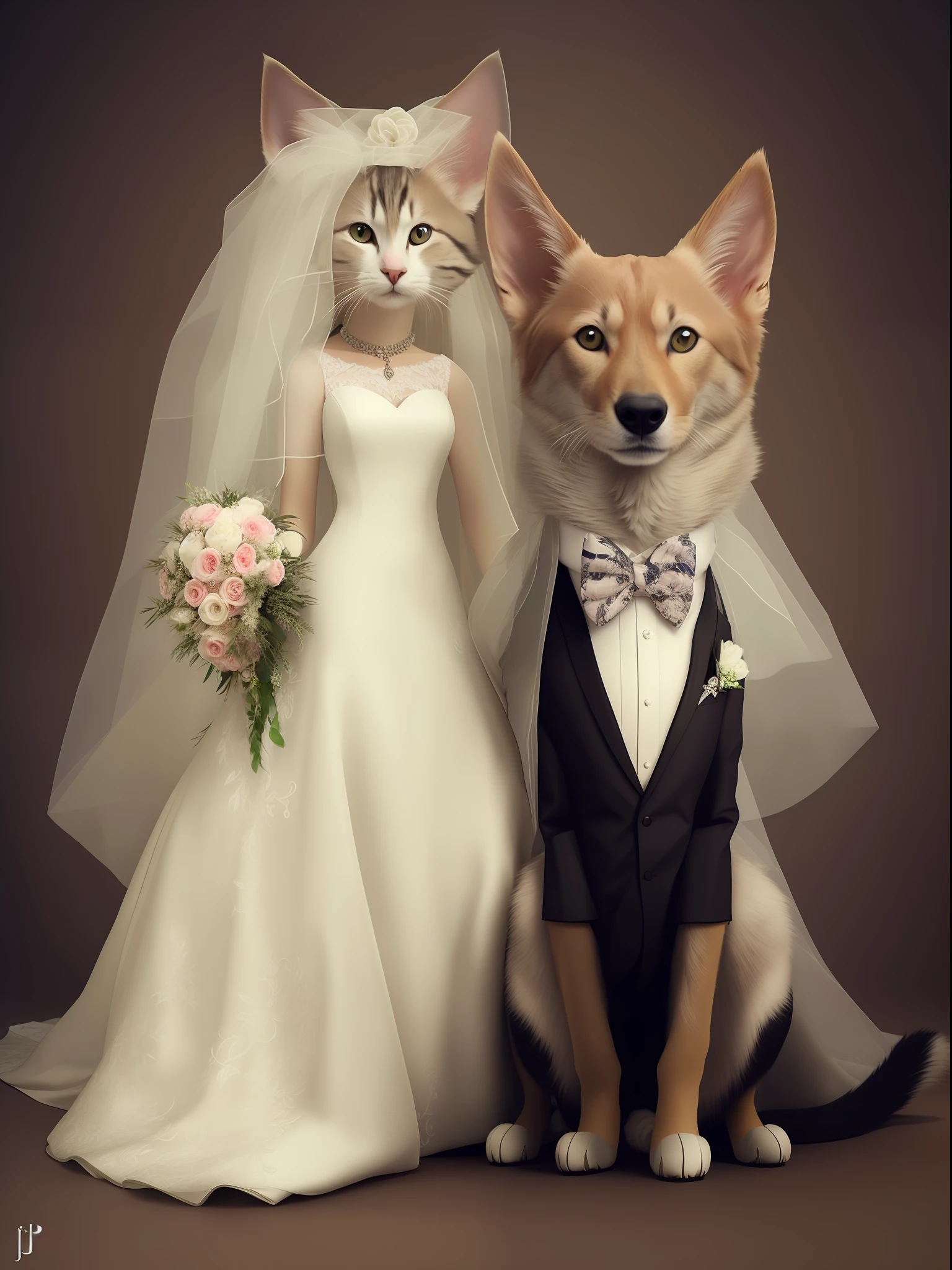 bride and groom with cat in wedding dress sitting next to each other, wedding photo, bride and groom, wedding, cat dog hybrid, photo realistic”, marriage, a hyper realistic, by Joop Sanders, beautiful”, groom, photoreal”, very realistic, catdog, photorealistic”, photorealistic ”, well - dressed, lovely couple, by Pat Adams