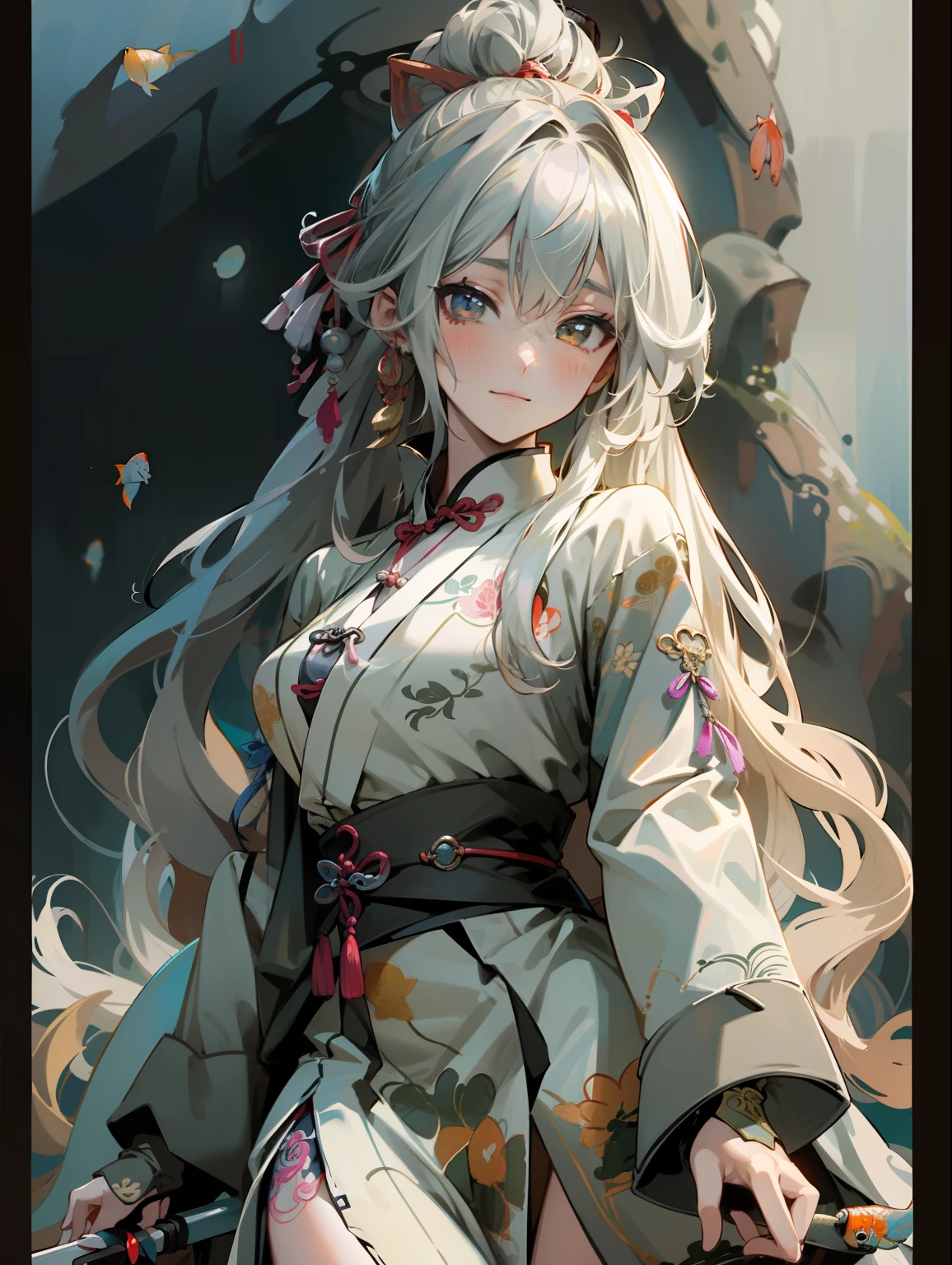 ((4K、masterpiece、top-quality))、ink and watercolor painting、Traditional Chinese Ink Painting、lotuses、Hanfu、Maxi Kit、Modestly dressed 1 girl, 独奏, white hair, Long, bule, goldfish, A lot of fish nearby, Look at the viewer, tease