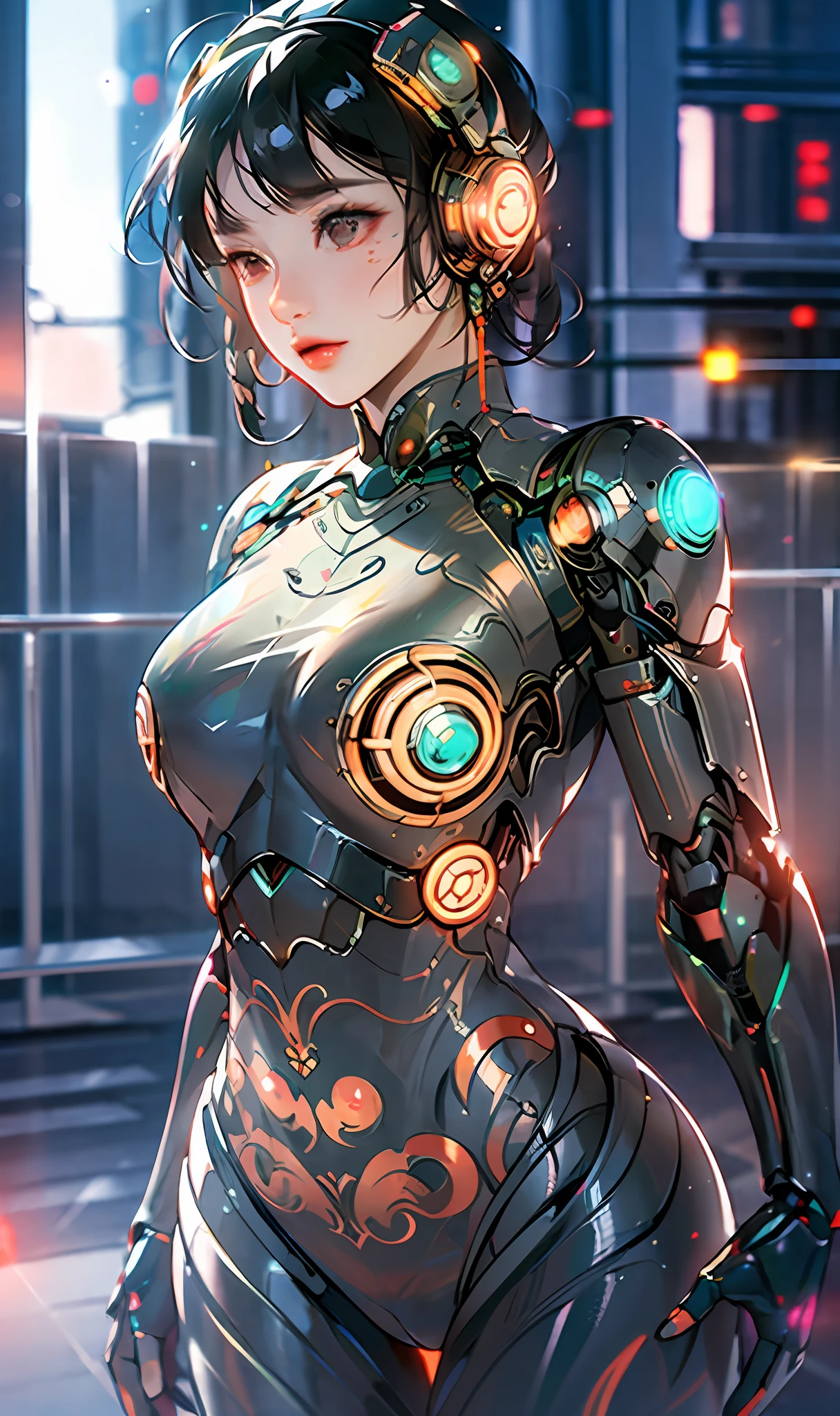 ((best quality)), ((masterpiece)), ((realistic)), (detailed), (photorealistic:1.5), a futuristic girl, (thick body), (white bodysuit), lights on armor, cybernetic headwear, looking at viewer, dynamic pose, post apocalyptic, destroyed city background, buildings on fire, science fiction, hdr, ray tracing, nvidia rtx, super-resolution, unreal 5, subsurface scattering, pbr texturing, post-processing, anisotropic filtering, depth of field, maximum clarity and sharpness, rule of thirds, 8k raw, (luminescent particles:1.4), (extremely detailed cg, unity 8k wallpaper, 3d, cinematic lighting, lens flare), reflections, sharp focus, cyberpunk art, cyberpunk architecture,