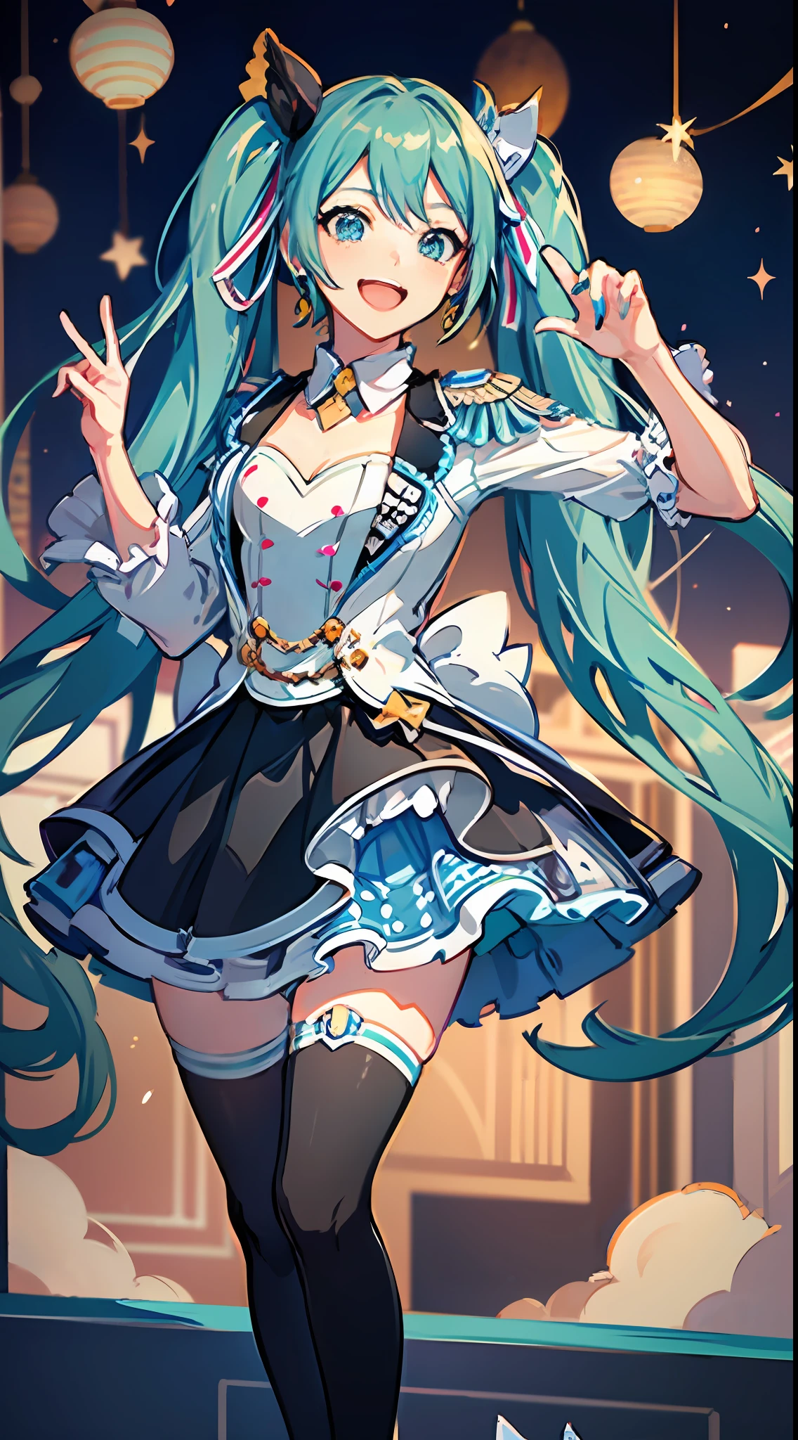 (masterpiece, super detail,) anatomically correct, 1girl, momomiku, epaulettes, With blue hair and a light blue ribbon, a fluffy skirt and cute boots, she holds a microphone and loves singing. Her name is Hatsune Miku, a virtual singer who captivates people around the world.