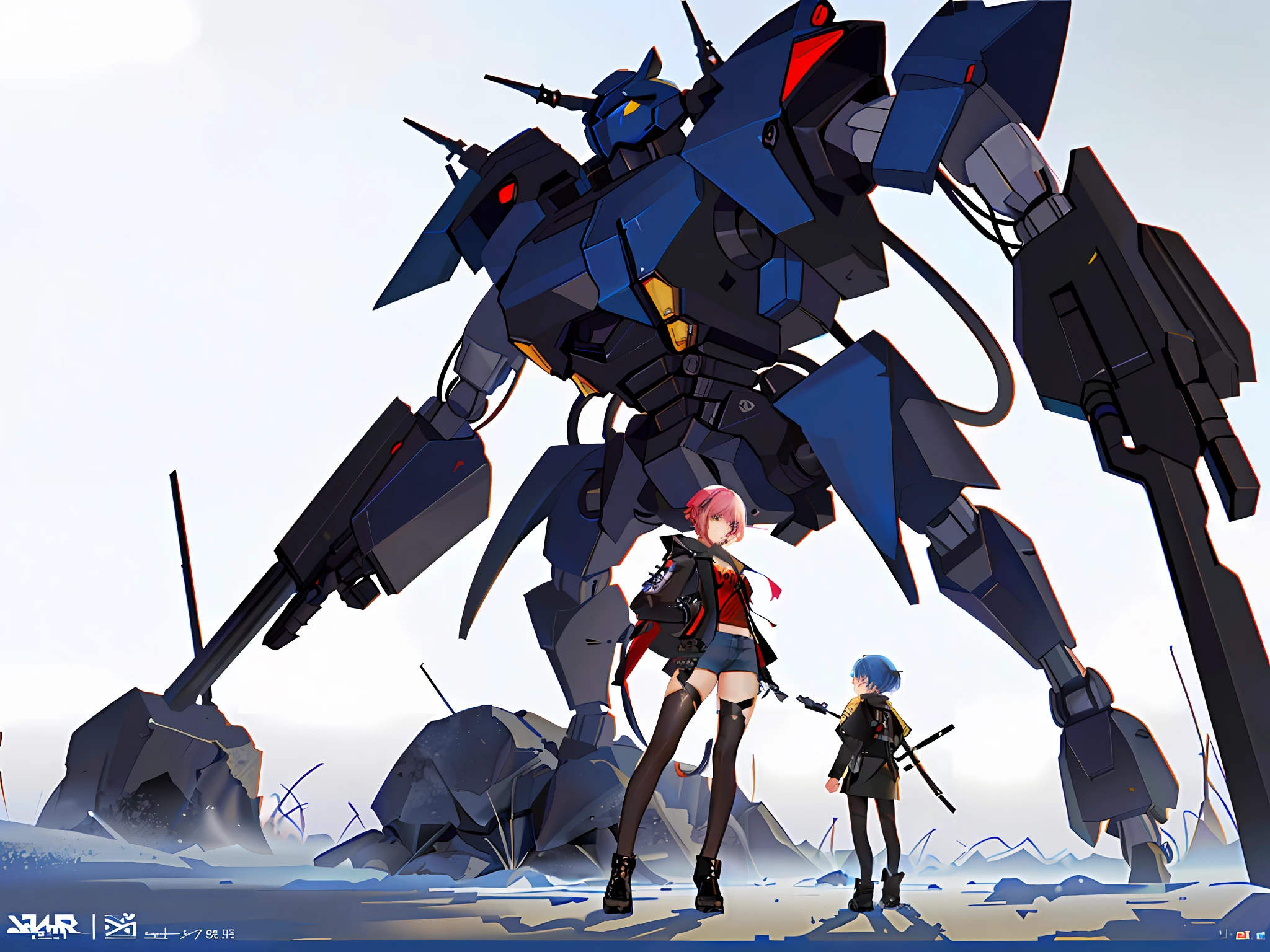 cyber punk Girl,There is a huge mech behind him
