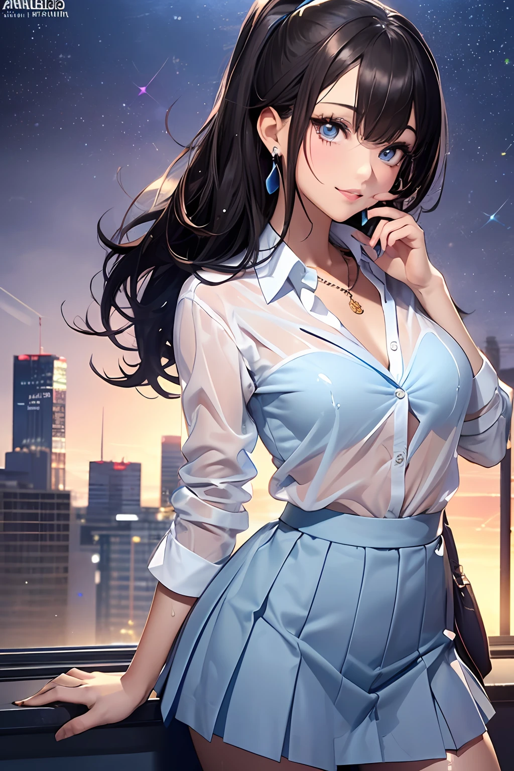 (masutepiece: 1.3), (max resolution: 1.2), (Ultra HDTV: 1.2), cinema lite, Ultra HDTV, (Detailed eyes and skin), (detailed facial features), ultgp, 8K resolution, Sharp Focus: 1.2, Perfect Style, Beautiful Face, accurate, Anatomically correct, Highly detailed face and skin texture, Detailed eyes, Dark-blue eyes, Double eyelids, Thin eyebrows, dropping eyes, (Glitter Eyeliner:1.2), Natural cheeks, Glossy skin, (Fair skin:1.2), shiny necklace and earrings, (Glossy lips: 1.4), break, absurderes, One-person viewpoint, (she is high school Student), (Wear a Button up sheer white shirt:1.3), (blazer of blue), (Pleated mini skirt of gray:1.2), (high heels), (The Light blue bra is transparent:1.4), (shy smile:1.2), (wet clothes:1.2), ((Innocent and very cute girl:1.3)), (high-ponytail hairstyle, Wavy Hair), (Dark brown hair:1.2), Medium Long Hair, (Cowboy shot: 1.2), Focus on Face, medium large breasts, ((sexy pose on Instagram:1.2)), ((In the School Rooftop at rain of night:1.2)),