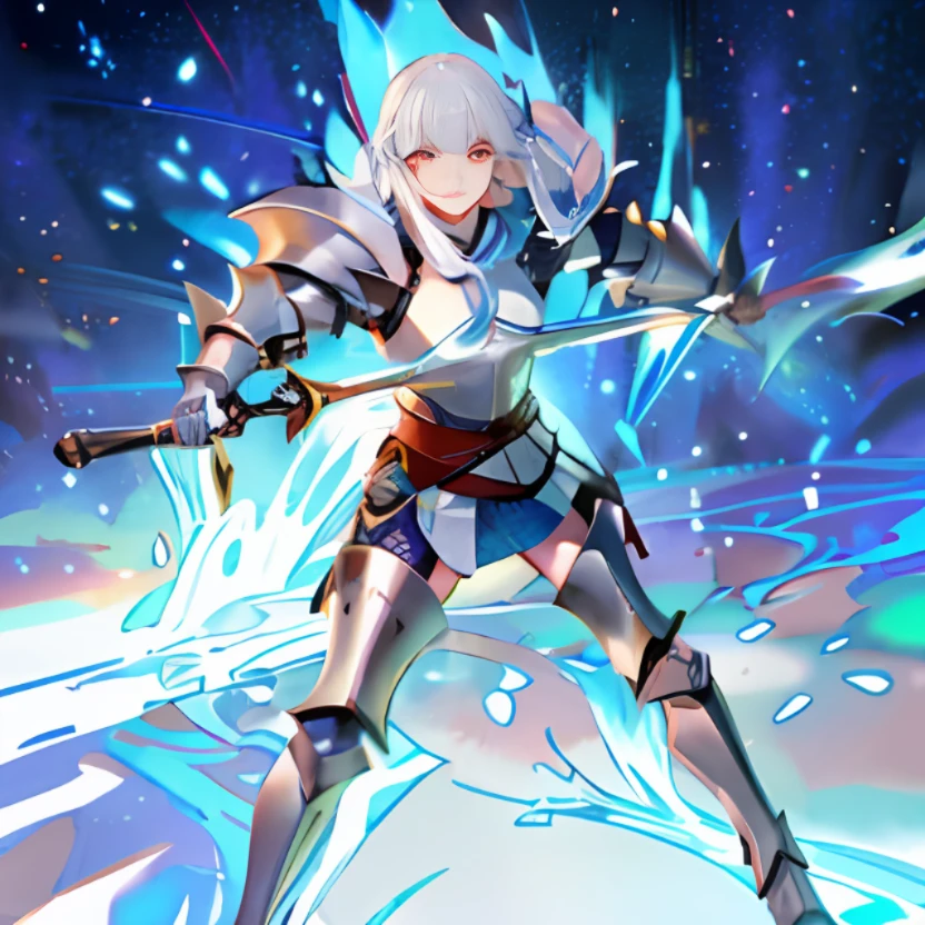 Anime characters with sword and armor on blue and white background, sliver ice color reflected armor, Armor Girl, in opal armor, Ayaka Genshin impact, From Arknights, fate grand order, covered in full silver armor, with sleek silver armor, Keqing from Genshin Impact, Water armor, knights of zodiac girl, ayaka game genshin impact
