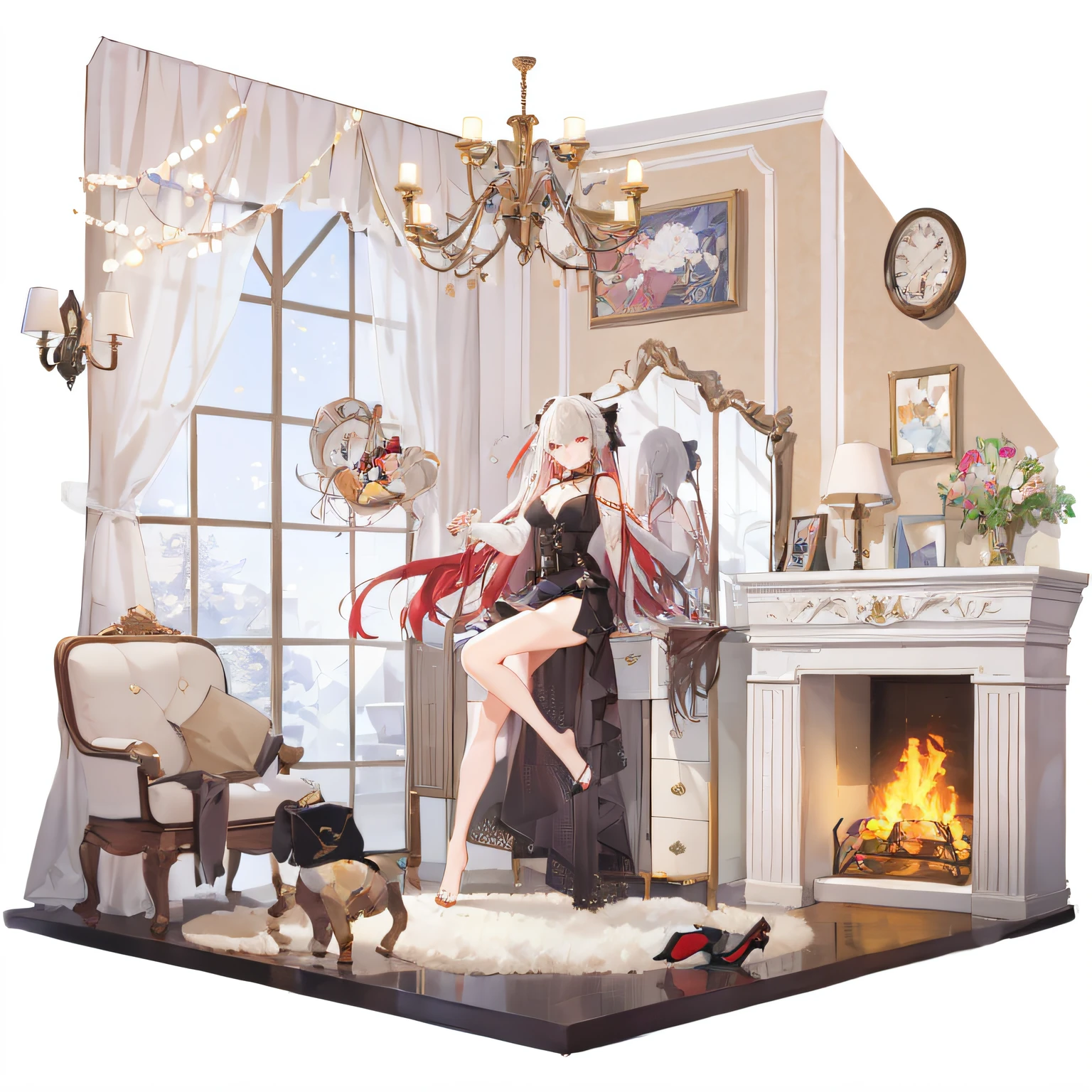 Anime scene of woman in black dress in living room, trending on cgstation, Digital art on Pixiv, trending on artstation pixiv, from girls frontline, girls frontline style, full body commission for, azur lane style, Pixiv style, pixiv 3dcg, personal room background, !!Full body portrait!!, render of april