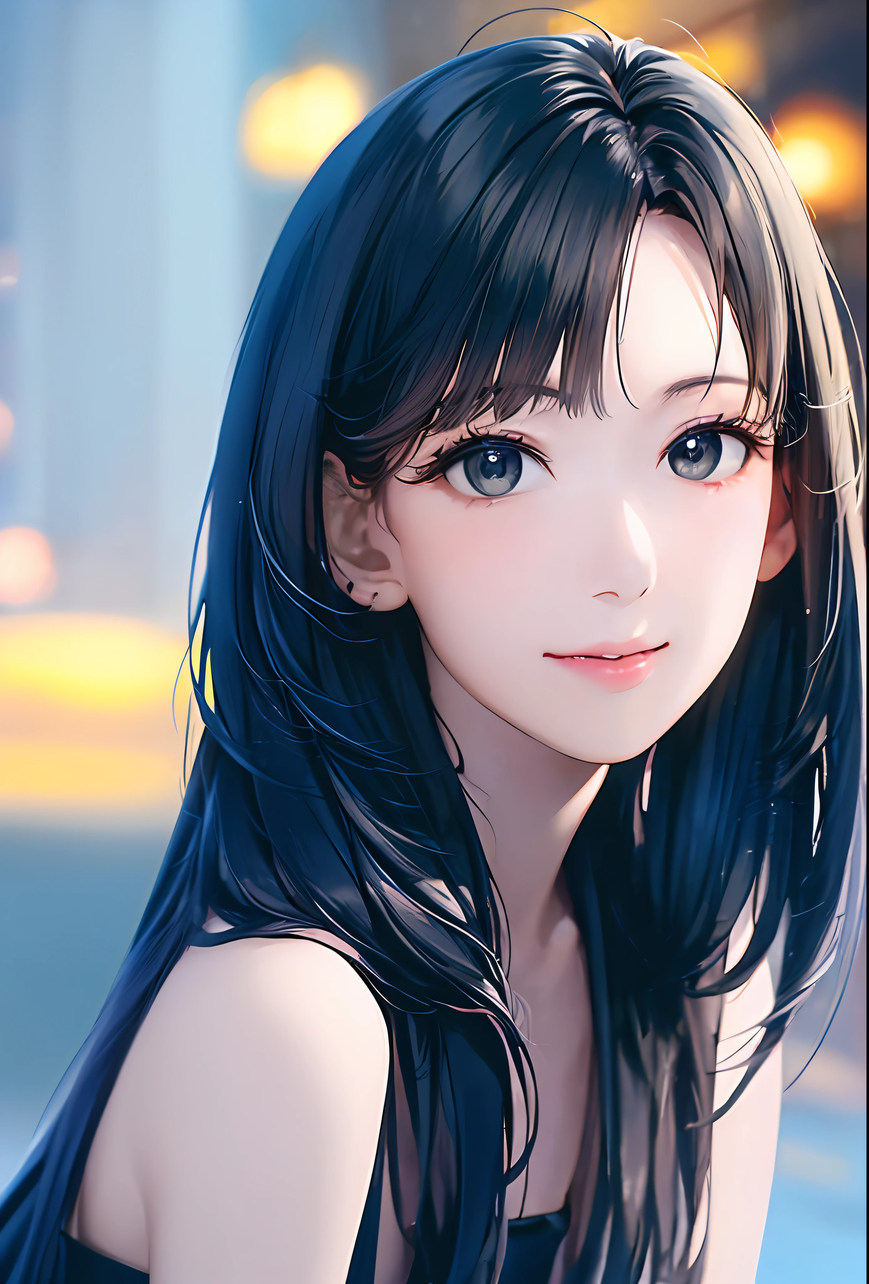 (in 8K、top-quality、​masterpiece:1.2)、(realisitic、Photorealsitic:1.37)、高精細CG統合8K壁紙、(HQ Skin:1.8、shiny skins)、8KUHD、Digital SLR、Soft lighting、hightquality、Film grain、FujifilmXT3(Professional Writing:1.6)、ultra-detailliert、女の子 1 人、cute little、独奏、mid night、Beautiful detailed sky、Detailed Cafe、sitting on、date、(Nasal blush)、 (smile1.15)、(Keep your mouth shut)small tits、beautiful tbig eyes、Floating Hair NovaFrogStyle、
