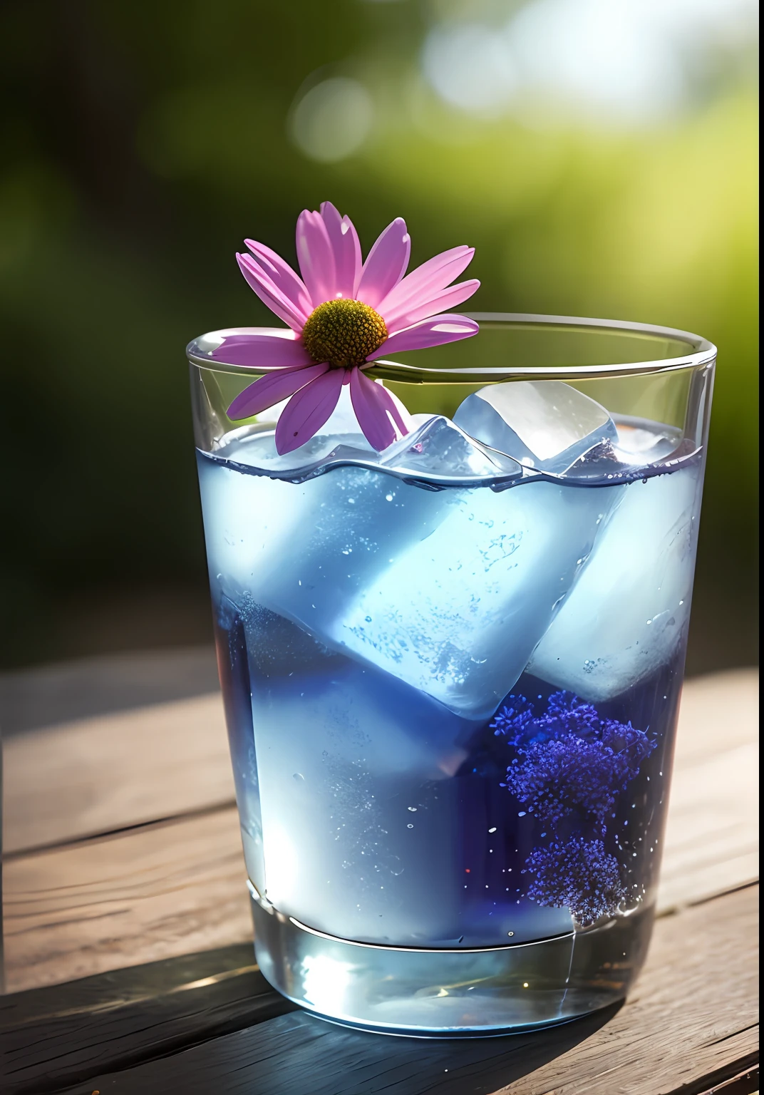 A glass containing water droplets from a carbonated beverage，Translucent light blue liquid，ice cubes，airbubble，Daisy and lavender flowers，midday outdoor lighting，open air，nature backdrop，summer day，scorching weather，high detal，High brightness，wet watermarks，Too much detail，ultra-realistic realism，the soft light，studio lit，diffused soft light，shallowdepthoffield， sharp fokus， Bokeh effect， Ray tracing， sub surface scattering， Complex soft light， diffused soft light， highly detailed glass reflection， Ultrathin（Ultrathin）， Ultrathin） （thinness， Hyper-detailing）， cinematic ligh， ultra-realistic realism， hardware， best qualtiy， 超A high resolution （realisticlying： 1.4）， A high resolution， the detail， Original photography， Clear reproduction， 4 Kodak Portra 400 stock camera， F1.6 shots， textures true to reality， Spectacular lighting，