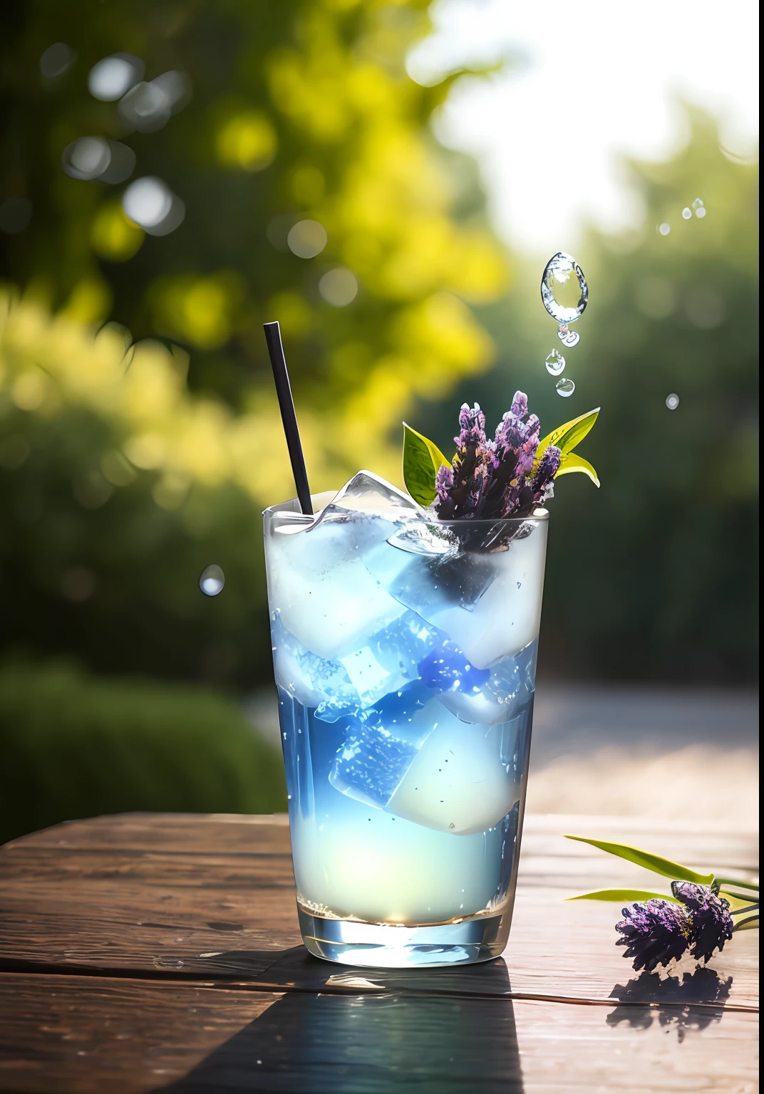 A glass containing water droplets from a carbonated beverage，Translucent light blue liquid，ice cubes，airbubble，Daisy and lavender flowers，midday outdoor lighting，open air，nature backdrop，summer day，scorching weather，high detal，High brightness，wet watermarks，Too much detail，ultra-realistic realism，the soft light，studio lit，diffused soft light，shallowdepthoffield， sharp fokus， Bokeh effect， Ray tracing， sub surface scattering， Complex soft light， diffused soft light， highly detailed glass reflection， Ultrathin（Ultrathin）， Ultrathin） （thinness， Hyper-detailing）， cinematic ligh， ultra-realistic realism， hardware， best qualtiy， 超A high resolution （realisticlying： 1.4）， A high resolution， the detail， Original photography， Clear reproduction， 4 Kodak Portra 400 stock camera， F1.6 shots， textures true to reality， Spectacular lighting，