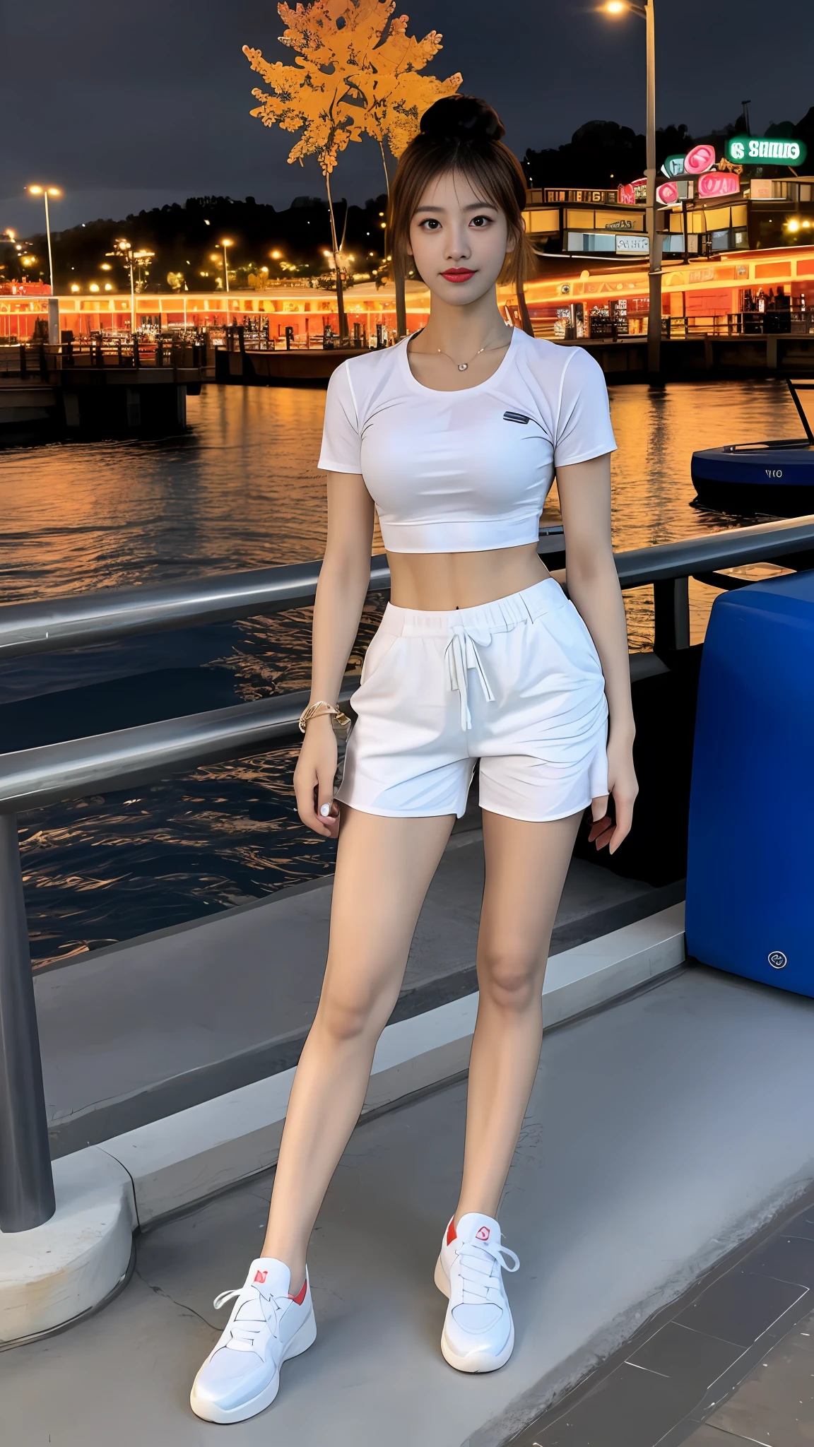 ((Realistic lighting, best qualtiy, 8K, tmasterpiece:1.3)), sharp fokus:1.2, 1girll, Beautiful Women with Perfect Figure:1.4, Slim abs:1.1, ((dark brown  hair)), (White crop top:1.4）,（exteriors，during night：1.1），the city street，Ultra-fine face，Fine eyes，二重まぶた，Full body photo，high-heels，athletic sneakers，