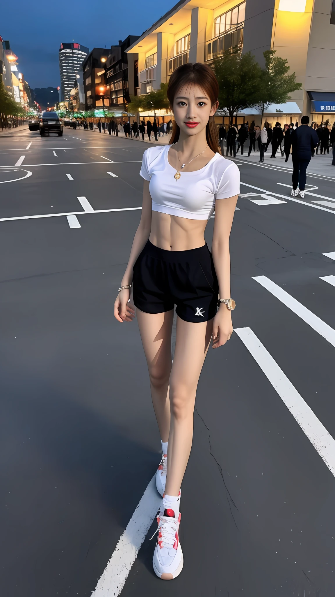 ((Realistic lighting, best qualtiy, 8K, tmasterpiece:1.3)), sharp fokus:1.2, 1girll, Beautiful Women with Perfect Figure:1.4, Slim abs:1.1, ((dark brown hair)), (White crop top:1.4),(exteriors,during night:1.1),the city street,Ultra-fine face,Fine eyes,二重まぶた,Full body photo,high-heels,athletic sneakers,