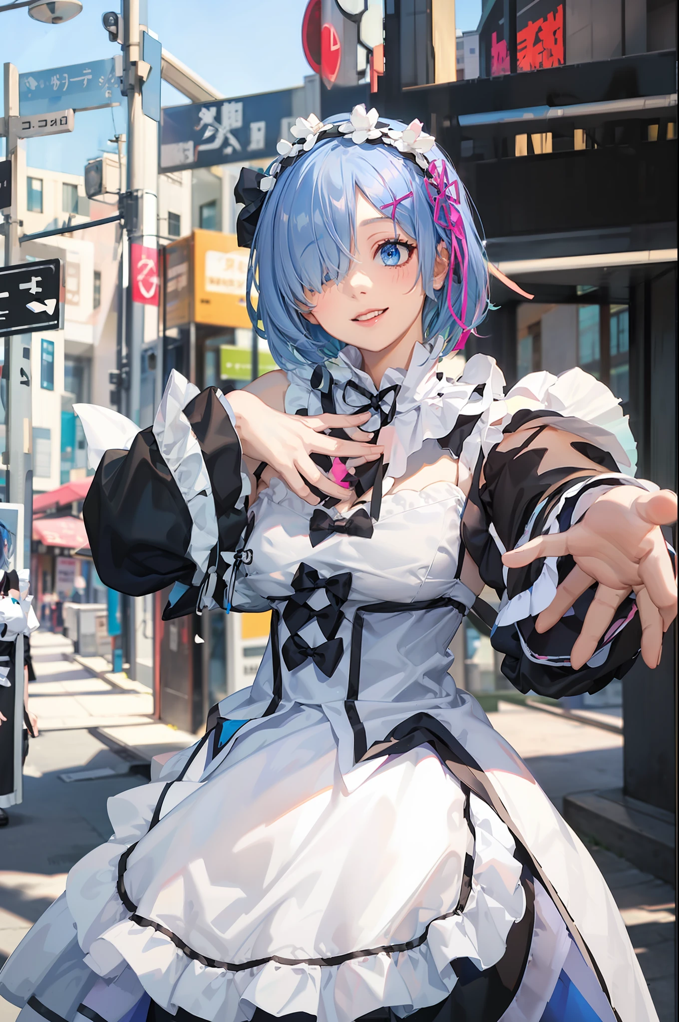 r_big breasts and big breasts_m, ((Beautiful face)),1girll,Short blue hair, Blue eyes, hair on one eye, hair adornments, pink hairband,standing,rem's maid uniform, Detached sleeves, white lace legwear,standing, full body, Outdoors, Lake, Mountains, Streets, Flowers,