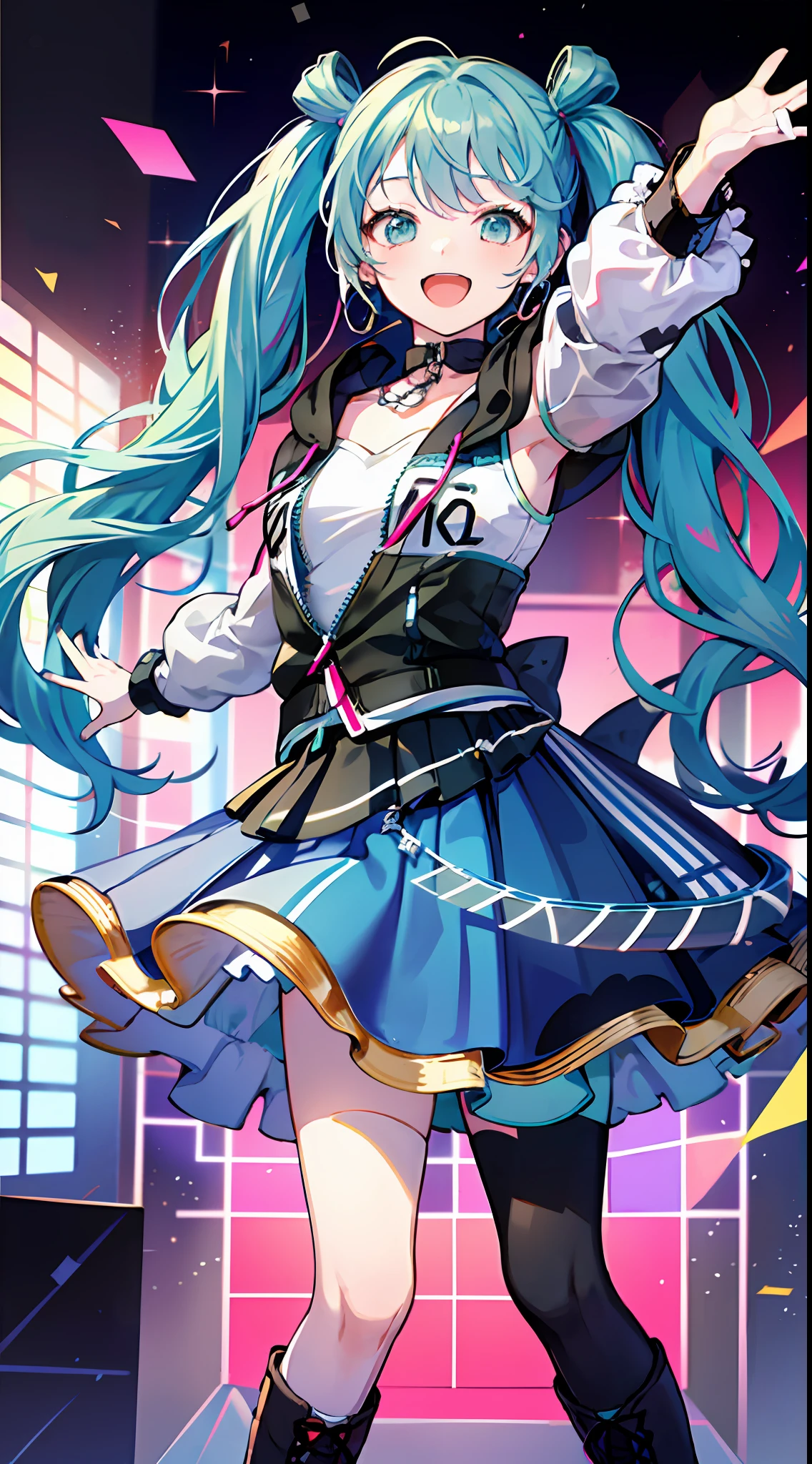 (masterpiece, super detail,) anatomically correct, 1girl, vivimiku, blue skirt,  With blue hair and a light blue ribbon, a fluffy skirt and cute boots, she holds a microphone and loves singing. Her name is Hatsune Miku, a virtual singer who captivates people around the world.