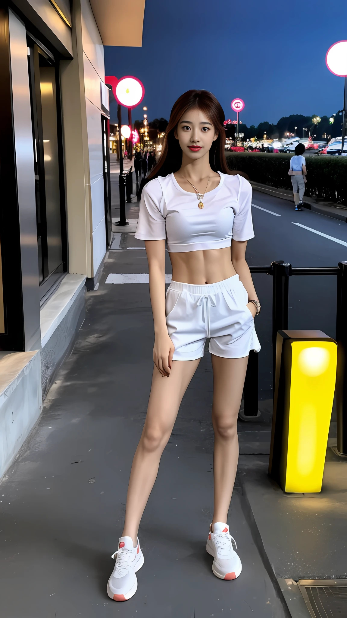 ((Realistic lighting, best qualtiy, 8K, tmasterpiece:1.3)), sharp fokus:1.2, 1girll, Beautiful Women with Perfect Figure:1.4, Slim abs:1.1, ((dark brown  hair)), (White crop top:1.4）,（exteriors，during night：1.1），the city street，Ultra-fine face，Fine eyes，二重まぶた，Full body photo，high-heels，athletic sneakers，