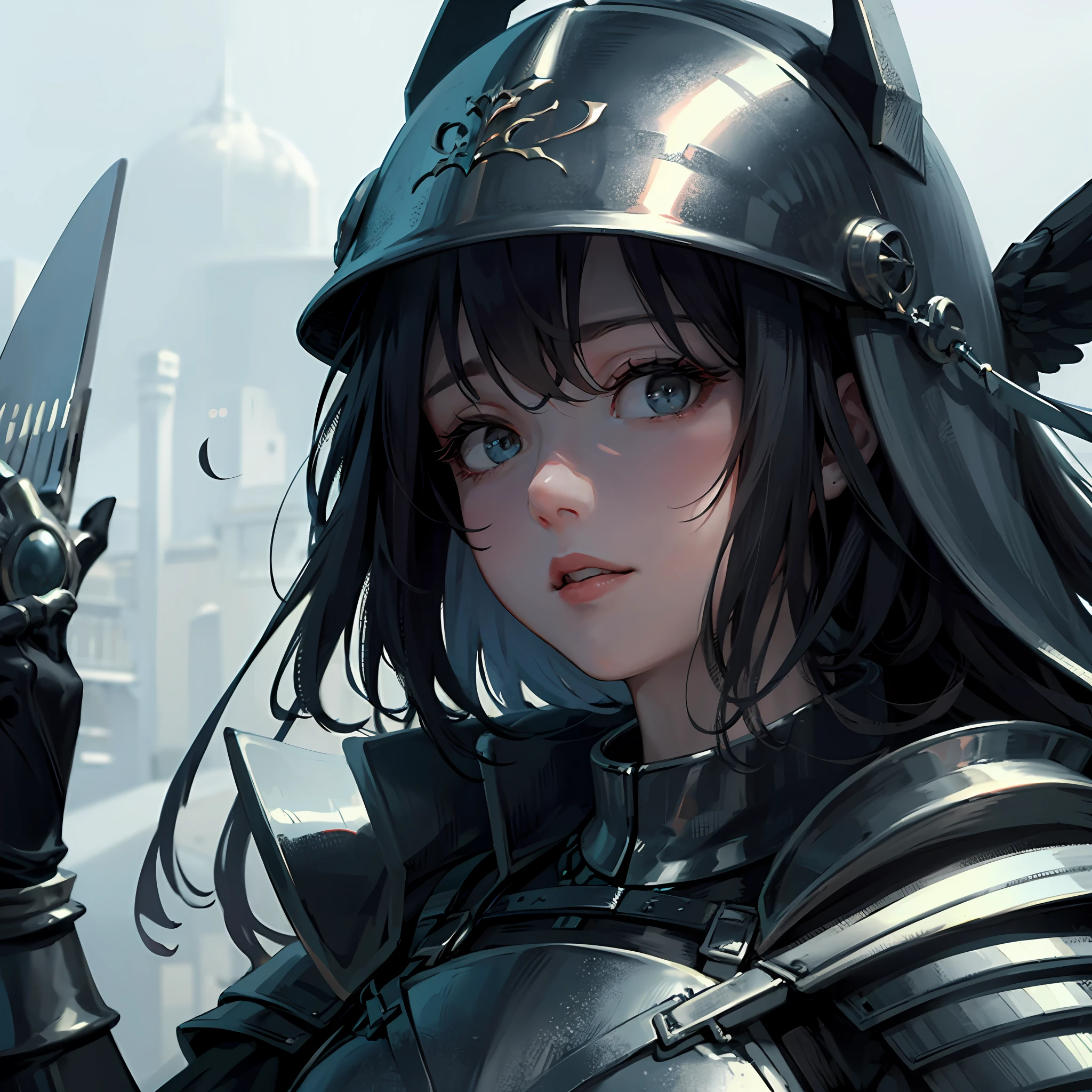 Fantastical、The sky is black、realisitic、Woman in black armor、realisitic、Helmet is full face、sideways Facing、Long hair is intense、Someone like live-action、I can't see my face --auto