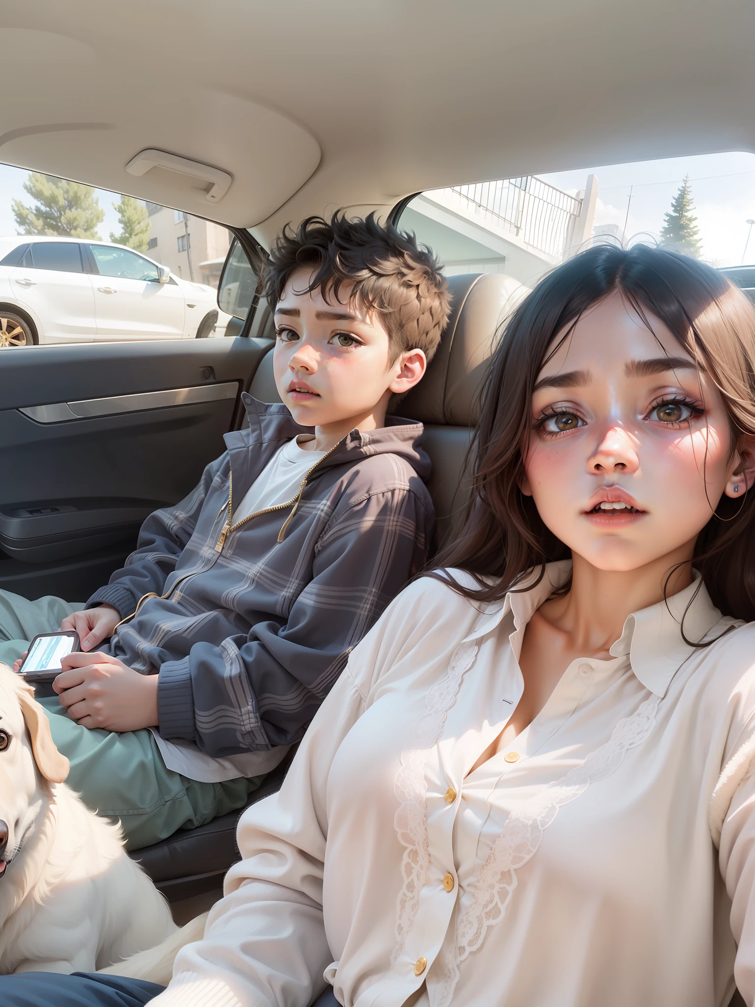 The boy on the left，Girl on the right，Girl slightly fat，The boy was expressionless，There is a golden retriever between the two，