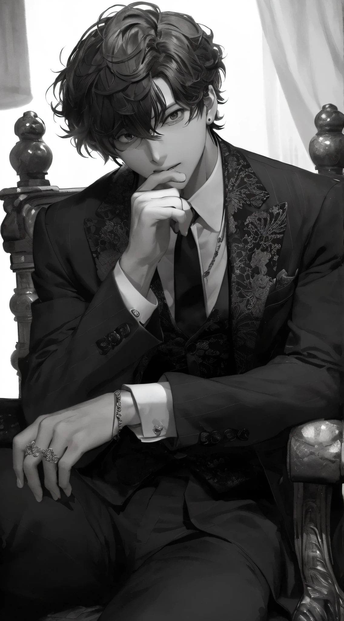 Image of Alphad sitting on a chair with a man in a suit, Handsome anime pose, Beautiful androgynous prince, inspirado em Okumura Masanobu, shigenori soejima illustration, Anime handsome man, ((wearing aristocrat robe)), handsome guy in demon killer art, highly detailed exquisite fanart, Delicate androgynous prince