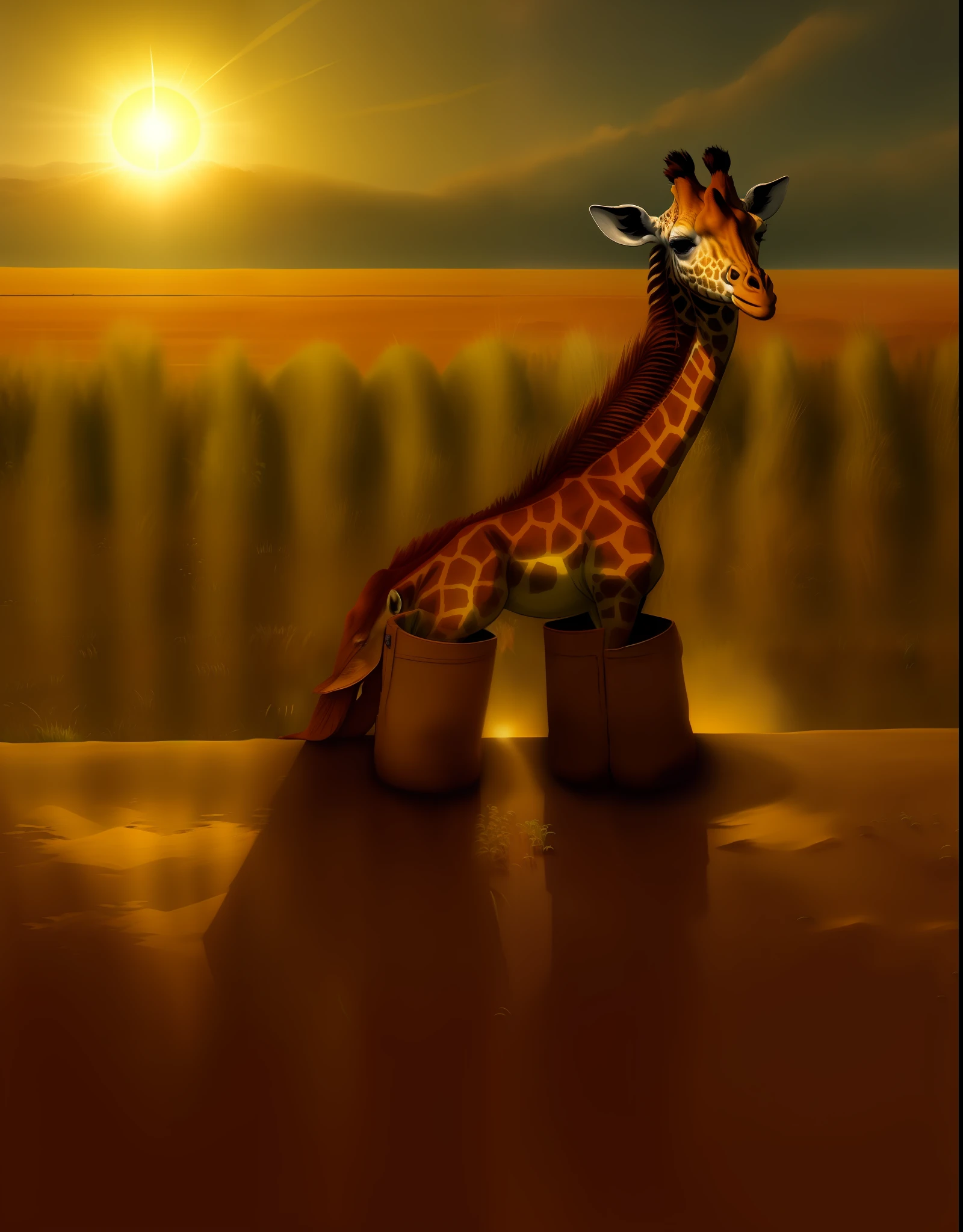 Giraffe in boots eating green sun，Golden wheat fields and villages，photore，A high resolution