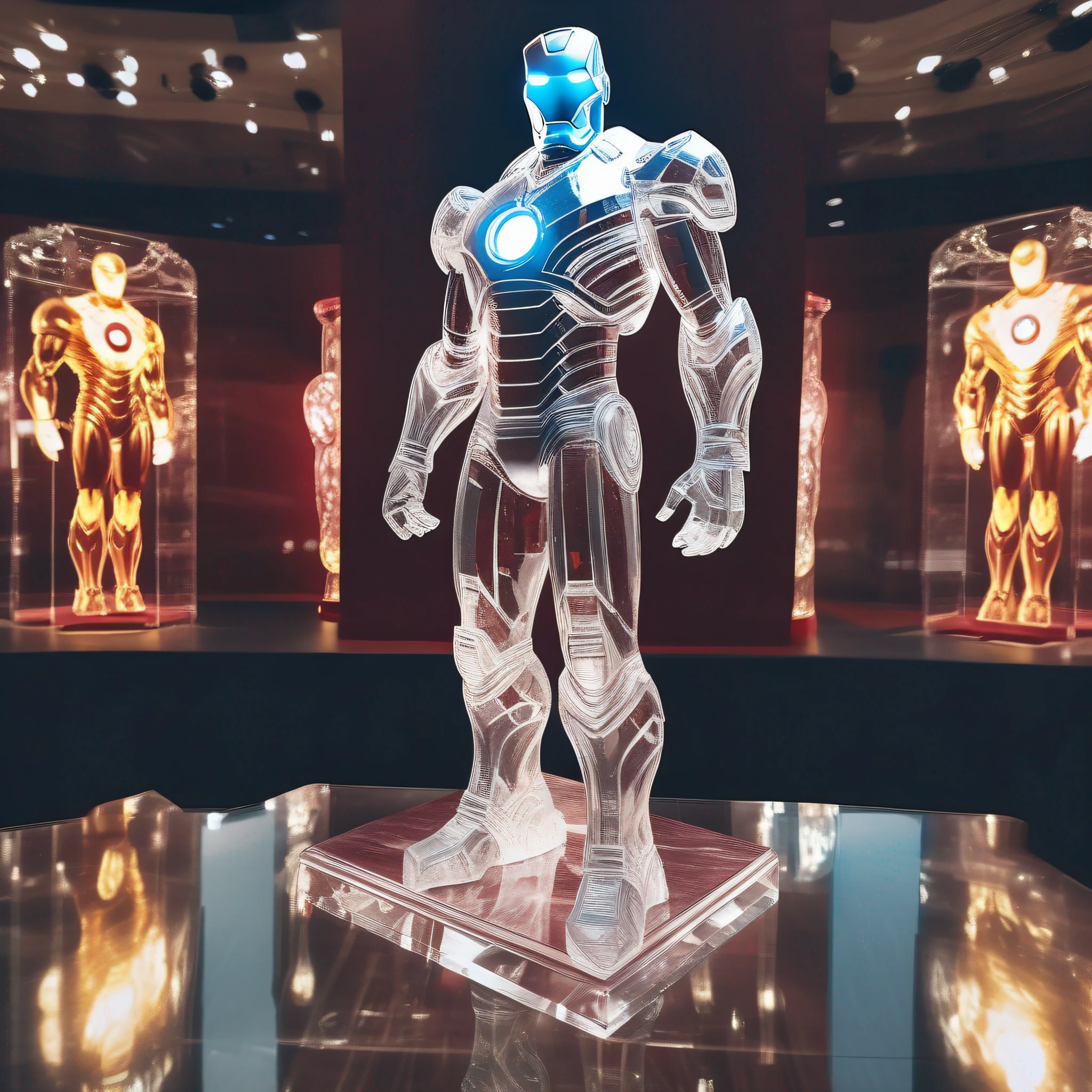 instagram photo, iron man statue in transparent crystal, wide angle, hyper detailed, crystal eyes, studio photo, made of ornate transparent crystal, on an exhibition altar, museum background