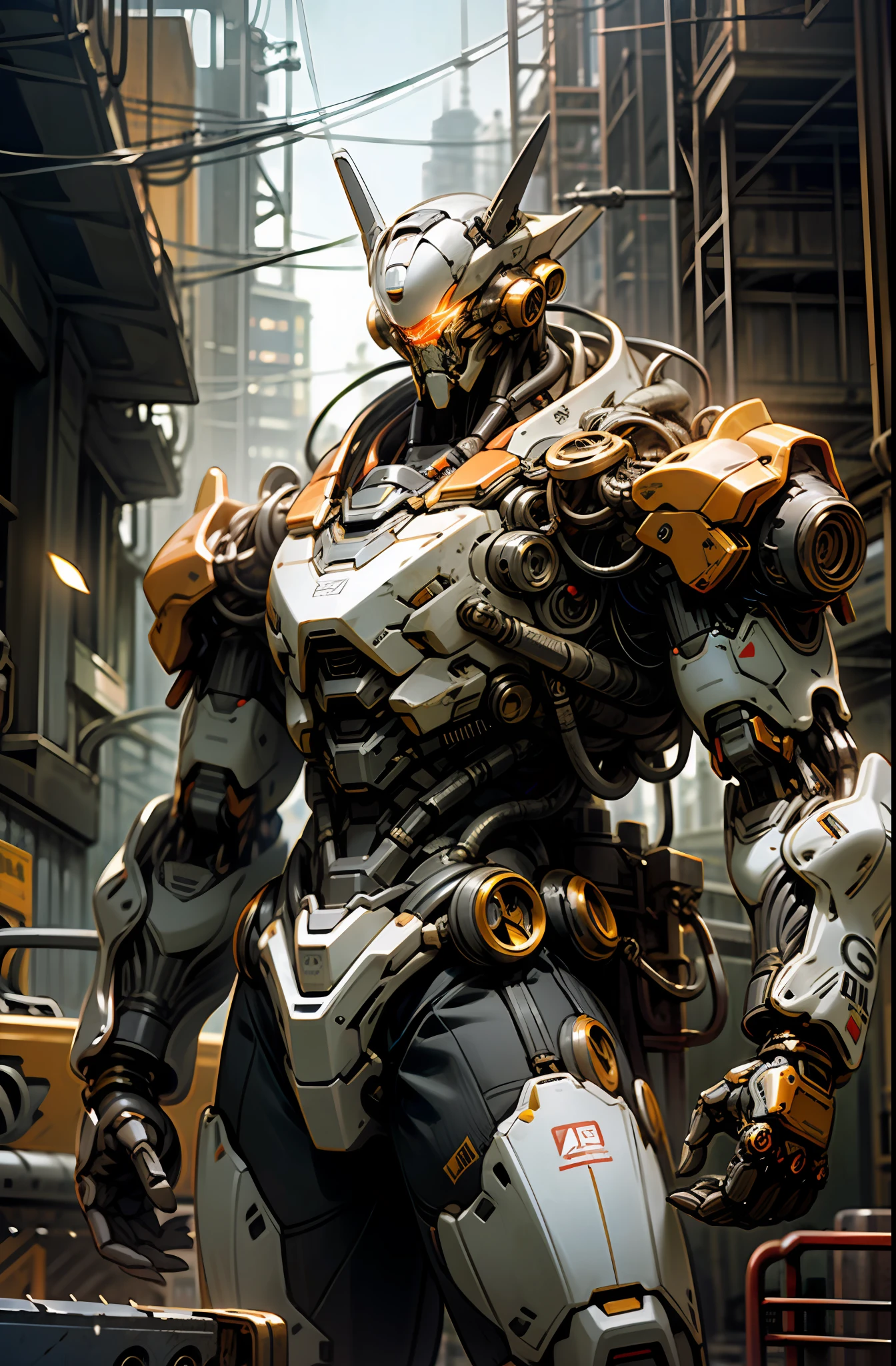 Dark_Fantasy,Cyberpunk,(chain saw,chain saw man,Red:1.1),1man,Mechanical marvel,Robotic presence,Cybernetic guardian, wearing a worn-out mech suit, intricate, (steel metal [rusty]), elegant, clear focus, shot by greg rutkowski, soft lighting, vibrant colors, masterpiece, ((street)), cowboy shot, dynamic pose,