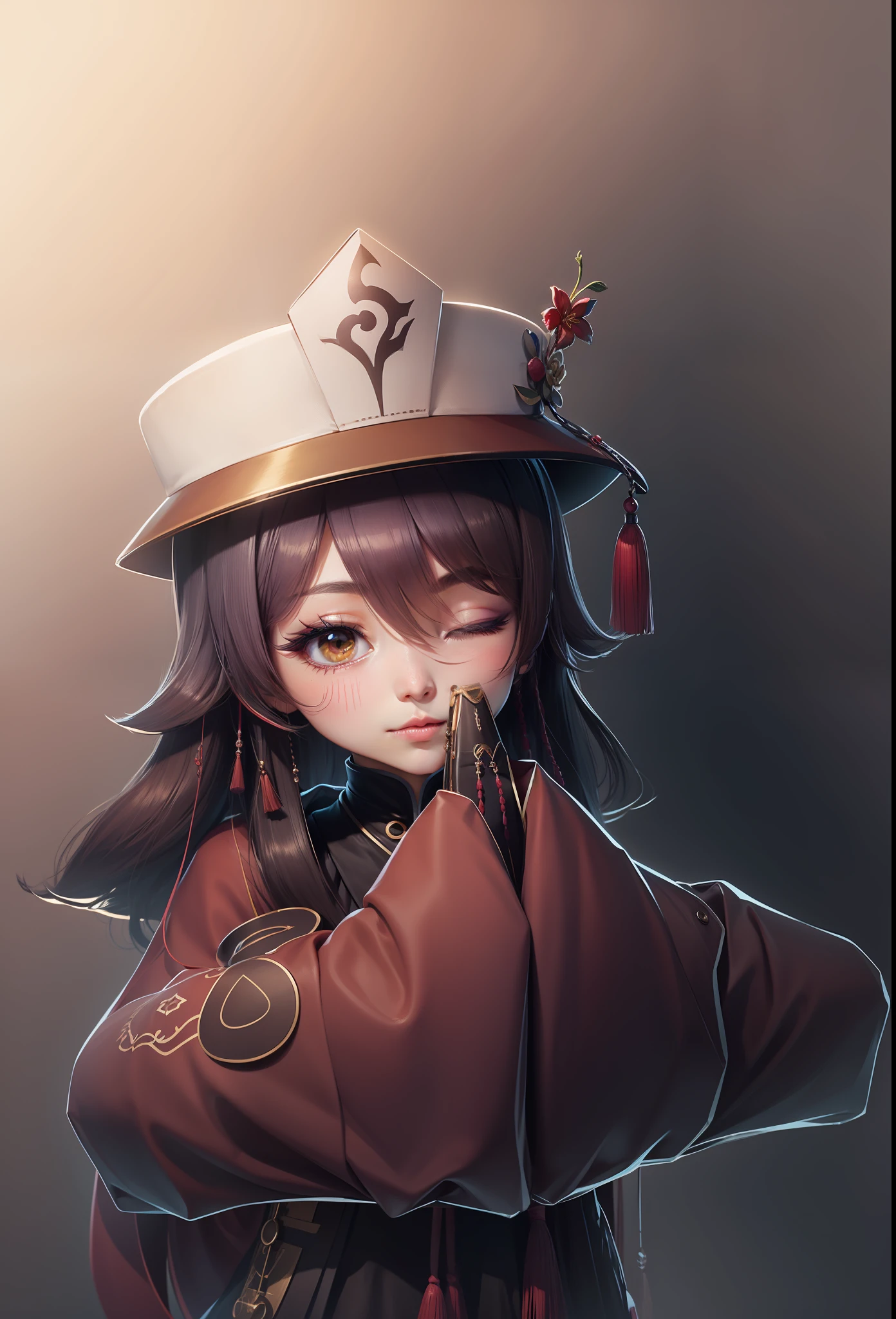 Milk tea hair,hazel eye,Left eye open and right eye closed,To the right of the hat is a red plum blossom,There is also a hanging tassel