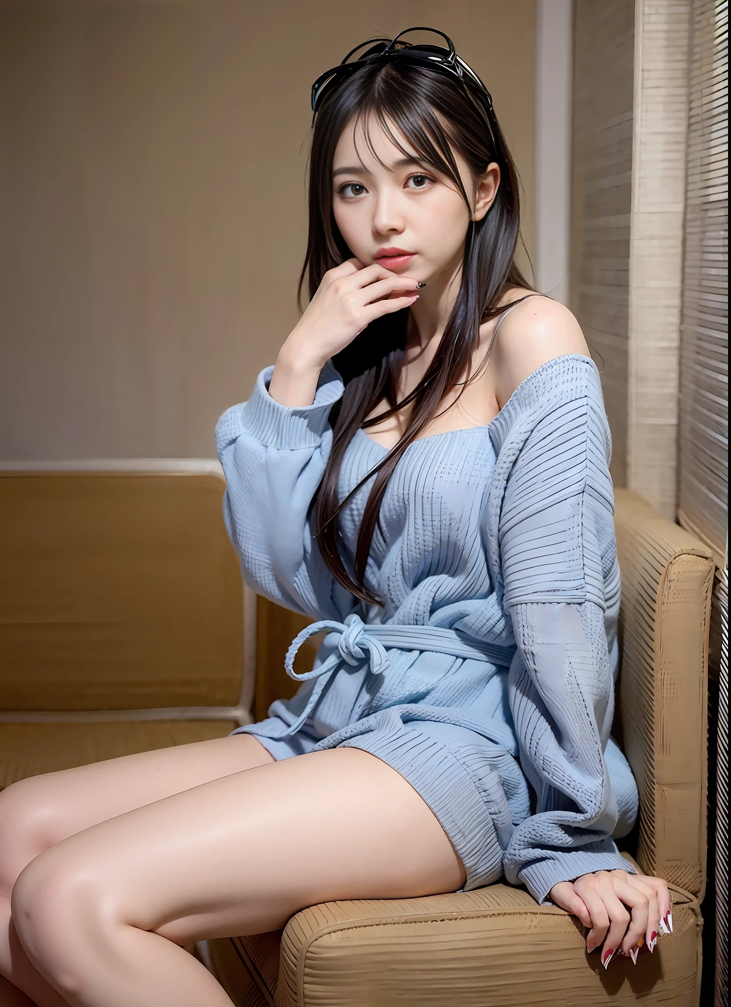 Arab asian woman in blue sweater sitting on sofa, Young Sensual Gravure Idol, Young Pretty Gravure Idol, Realistic Young Gravure Idol, 奈良美智, Young Gravure Idol, fluffy chest, mayuri shiina, Blue fur, Young skinny gravure idol, けもの, blue robe