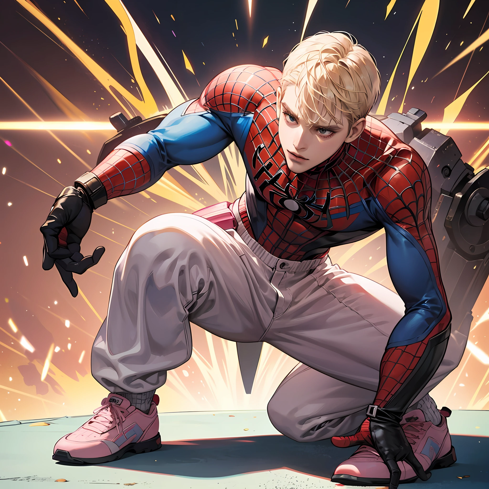 Wenger Spider-Man costume outfit,((White pink clothing)),24mm,4K textures,low-light,with short golden hair,highly details,(side of head shaved:1.3),Sharp focus,insanely details,Complicated details,Hyper-detailing,squatting pose ,Full-body photos --auto
