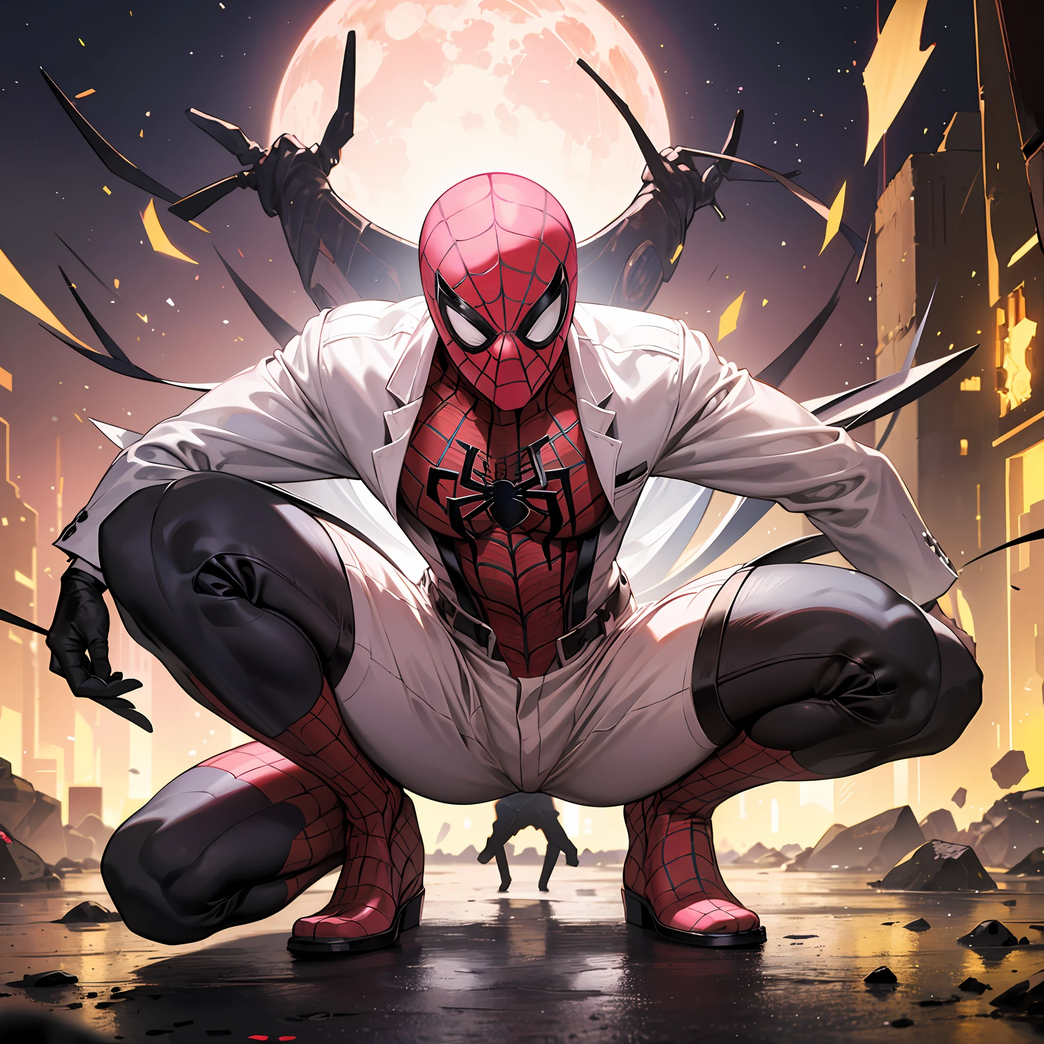 Wenger Spider-Man costume outfit，（(White pink clothing))，24mm，4K textures，low-light，with short golden hair，highly details，（side of head shaved：1.3），Sharp focus，insanely details，Complicated details，Hyper-detailing，squatting pose ,Full-body photos --auto
