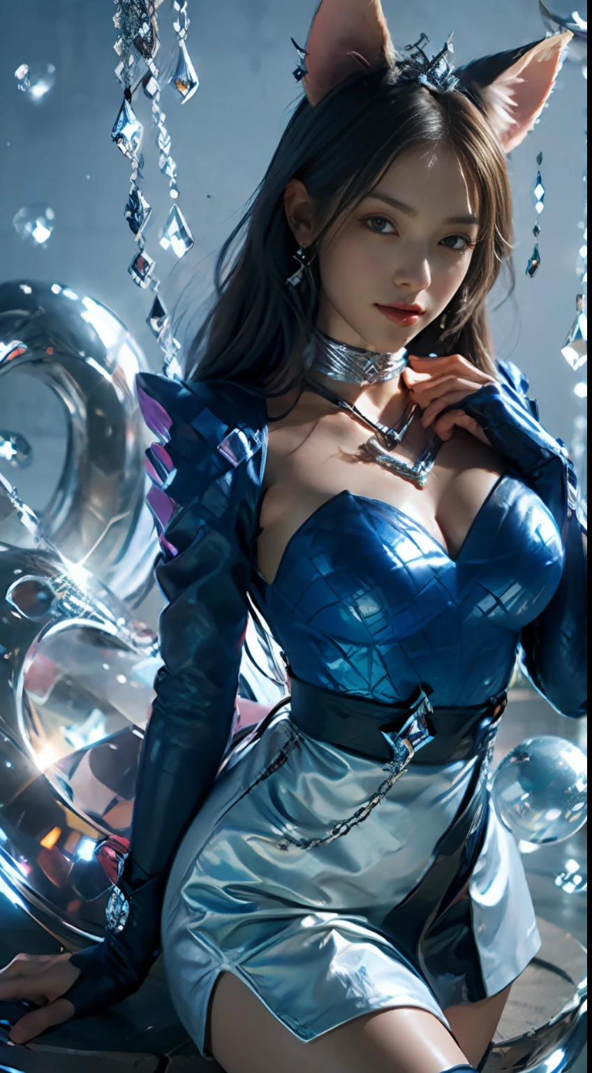 masterpiece, best quality, highres, mer1, tiara, sailor senshi uniform, blue sailor collar, bow, knee boots, choker, white gloves, blue choker, elbow gloves, jewelry, earrings, blue skirt, cowboy shot, orb, crystal ball, 1girl water yushushui,ahri, ahri \(league of legends\), k/da \(league of legends\), spirit blossom \(league of legends\),animal ears, facial mark, fox ears, fox tail, orange eyes, multiple tails, tail