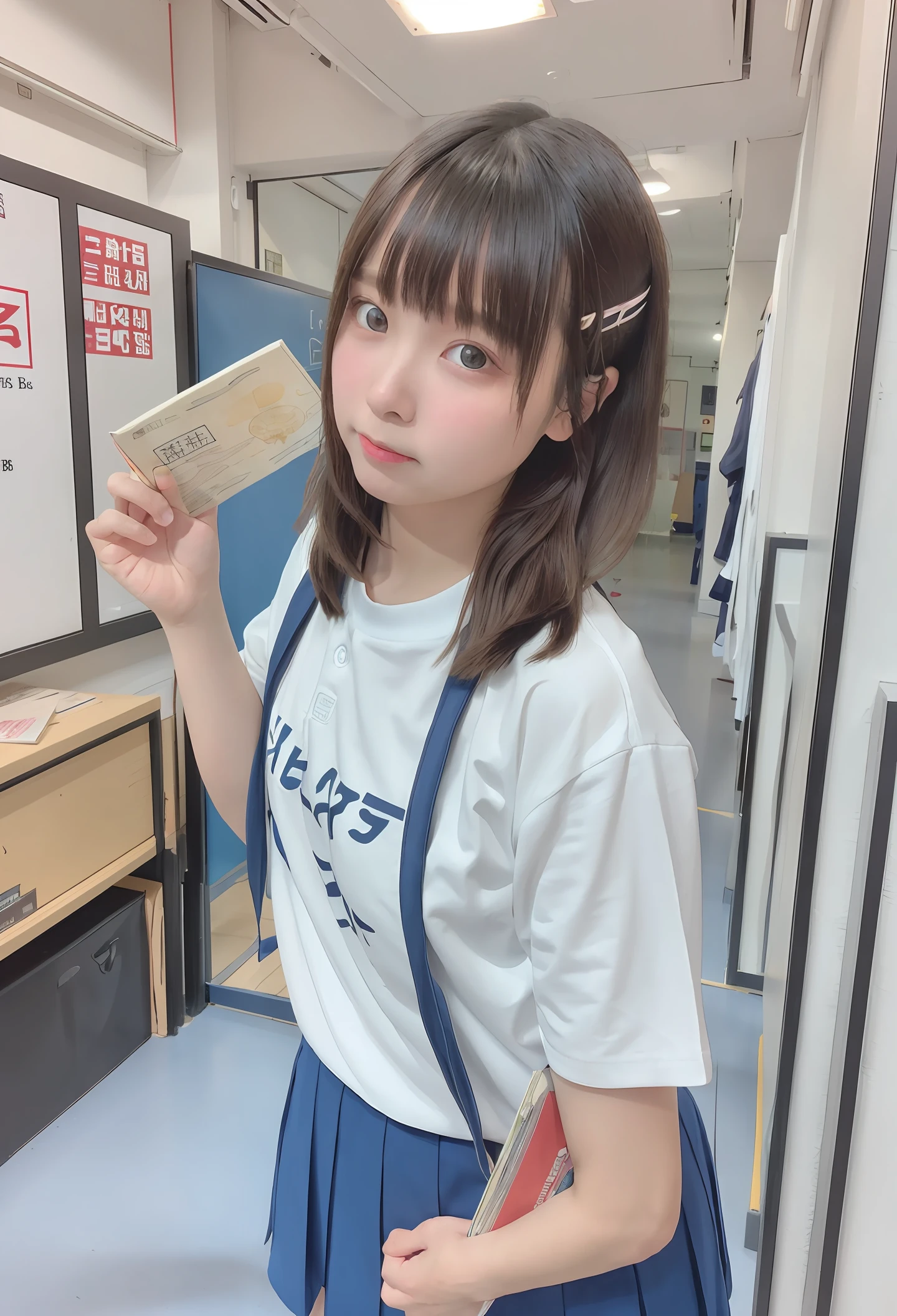 校服、school hallway、Turning around、Cute、kawaii、Bob Hair、realisticlying、Holding a textbook on his chest、female pervert