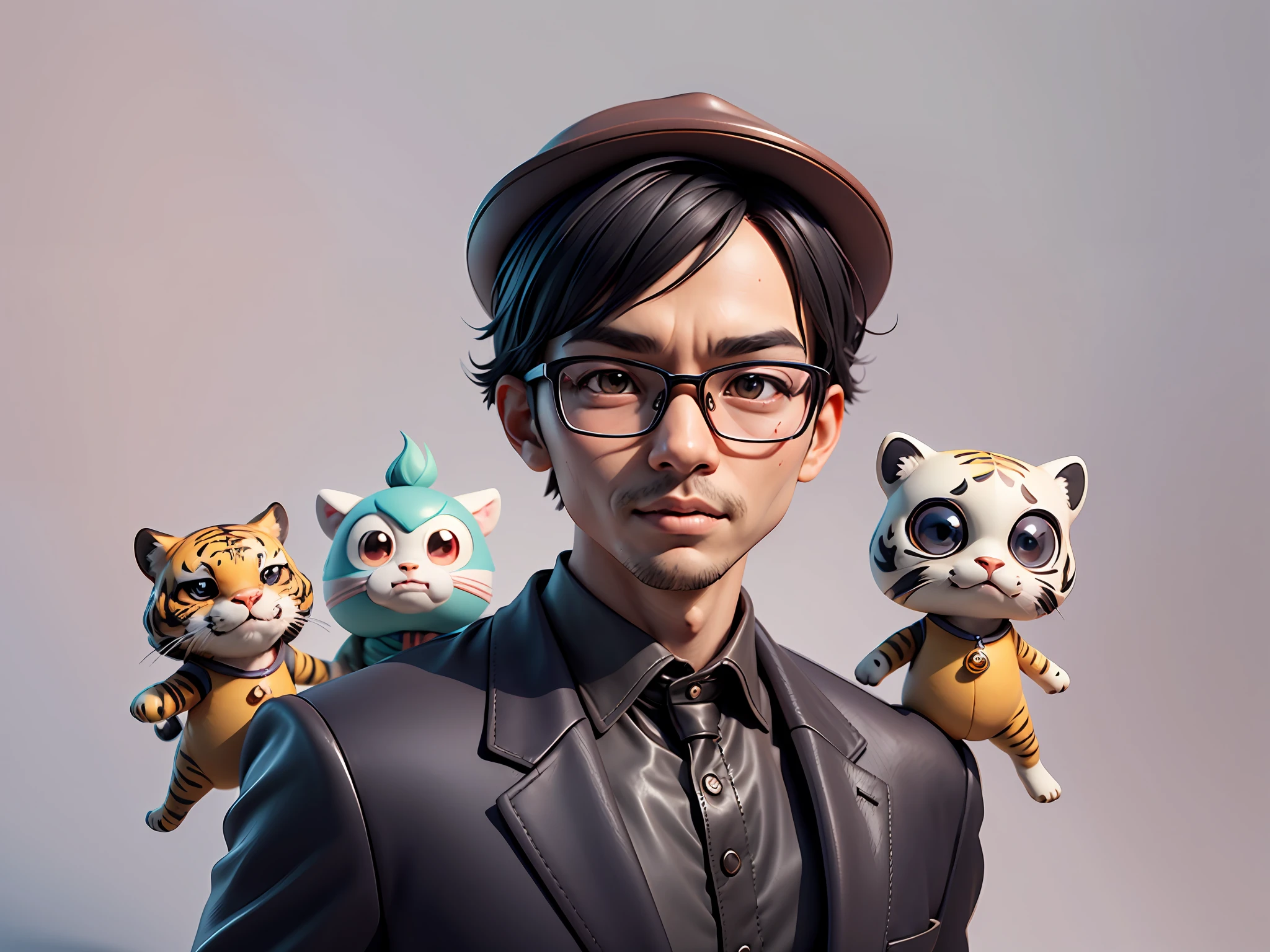 Young man with oriental face in leather hat, tiger, oriental face in formal suit, short black hair, silver glasses, digital painting, 3D character design by Mark Clairedon and Pixar and Hayao Miyazaki and Akira Toriyama, the illustration is a high-definition illustration in 4K resolution with very detailed facial features and cartoon-style visuals.