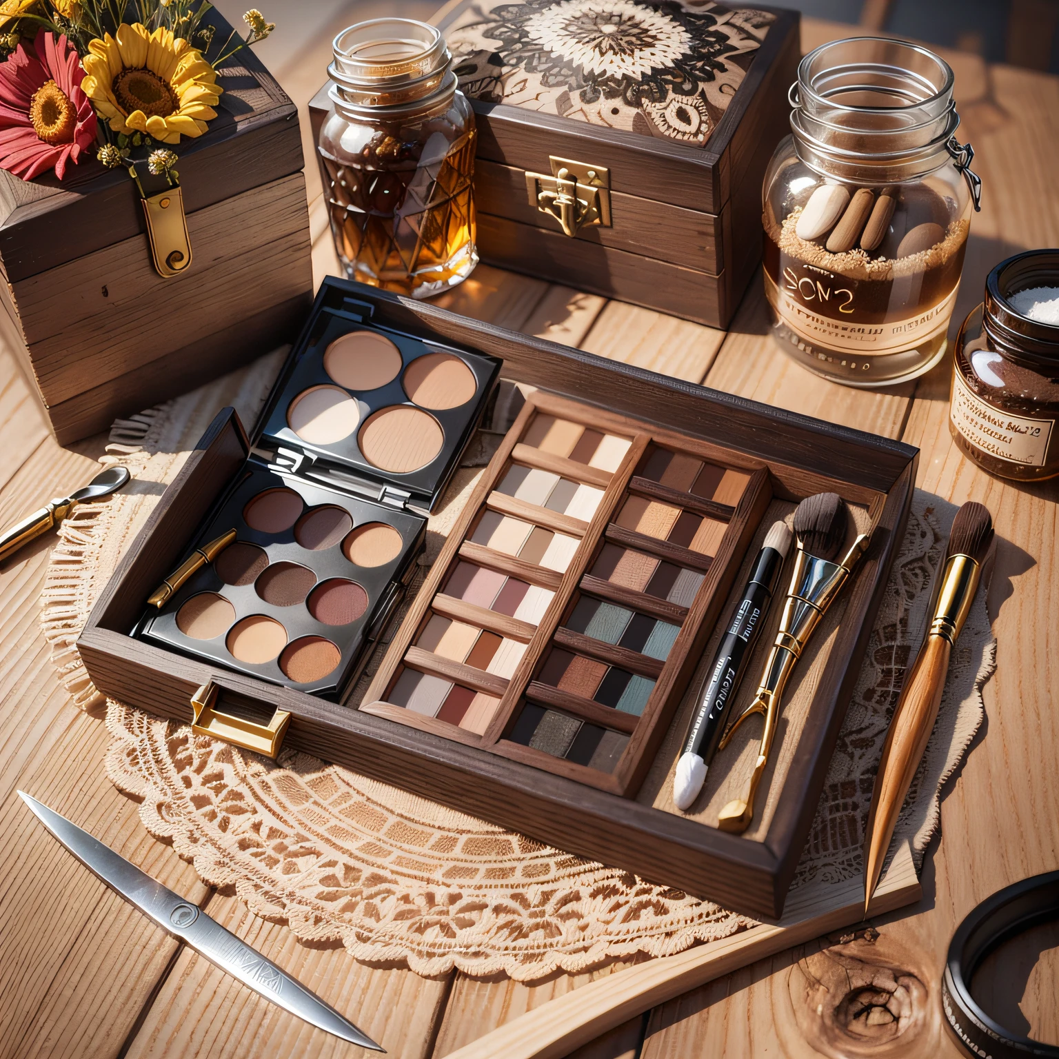 A picture with the words Free Makeup on it, a bunch of cosmetics and a camera on a table --auto