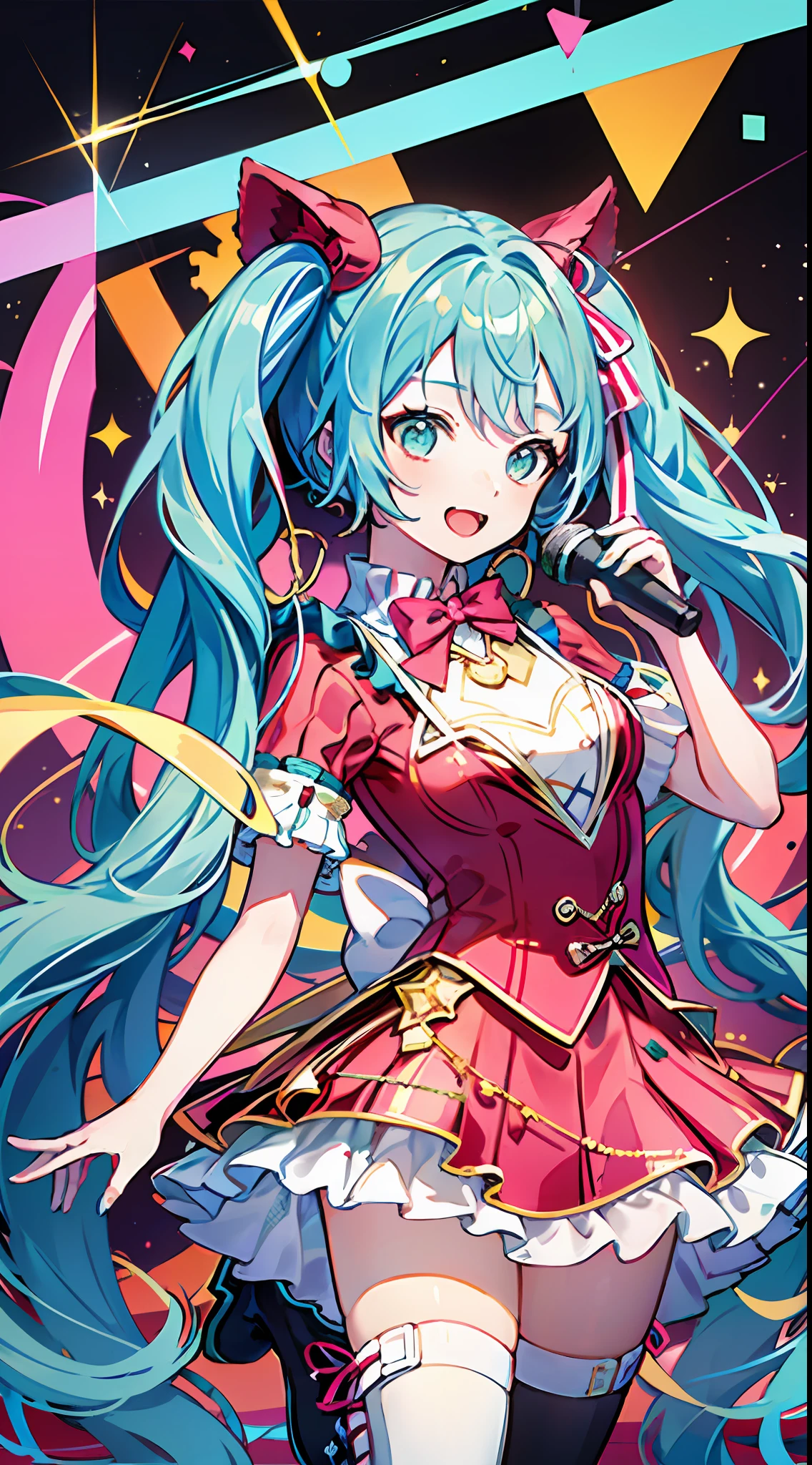 (masterpiece, super detail,) anatomically correct, 1girl, wondermiku, red dress,  With blue hair and a light blue ribbon, a fluffy skirt and cute boots, she holds a microphone and loves singing. Her name is Hatsune Miku, a virtual singer who captivates people around the world.