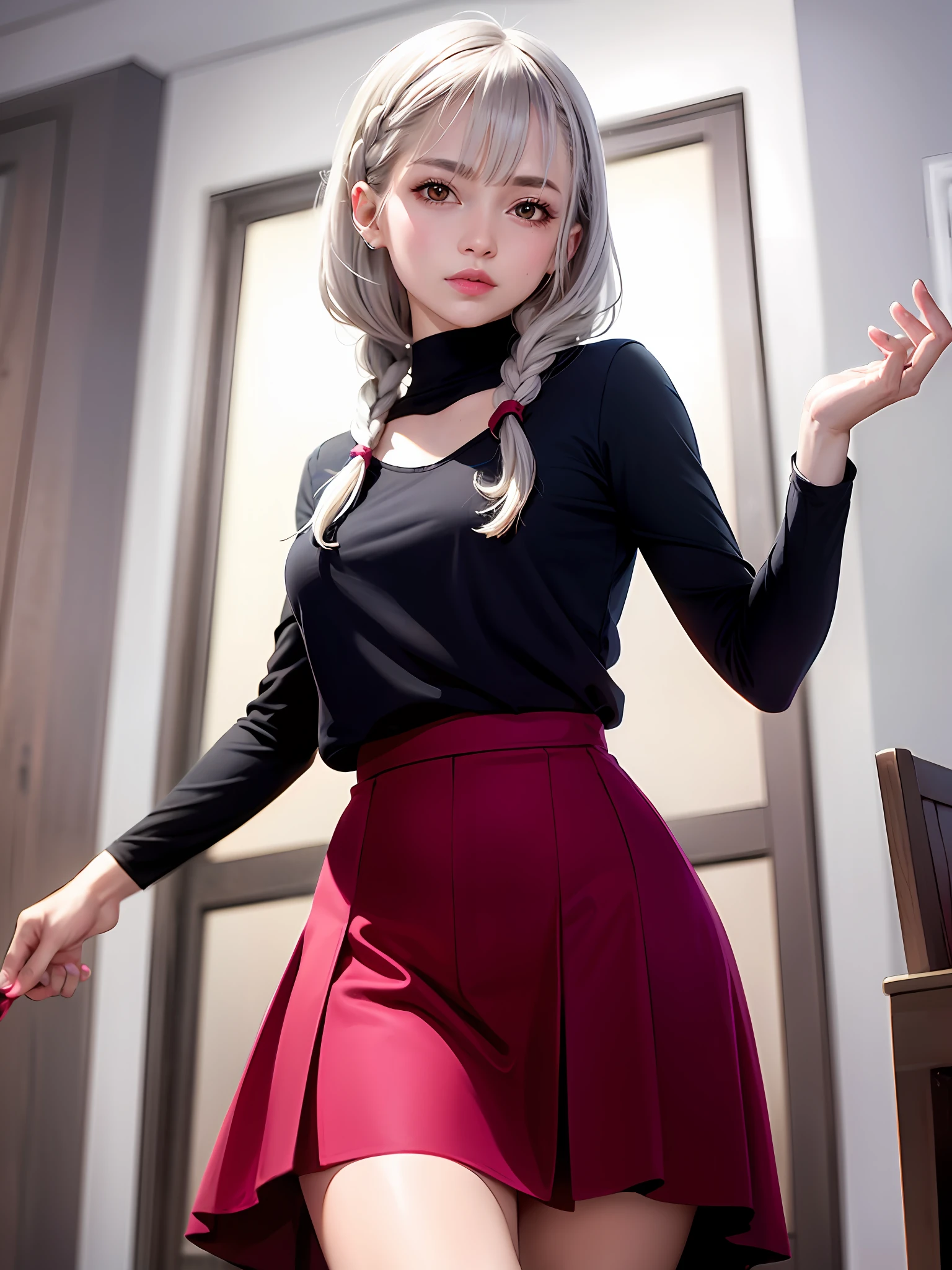 The girl's silver hair is braided, the skirt is gentle, the cheeks are slightly red, the youth and pure desire, the ultimate masterpiece, proud figure