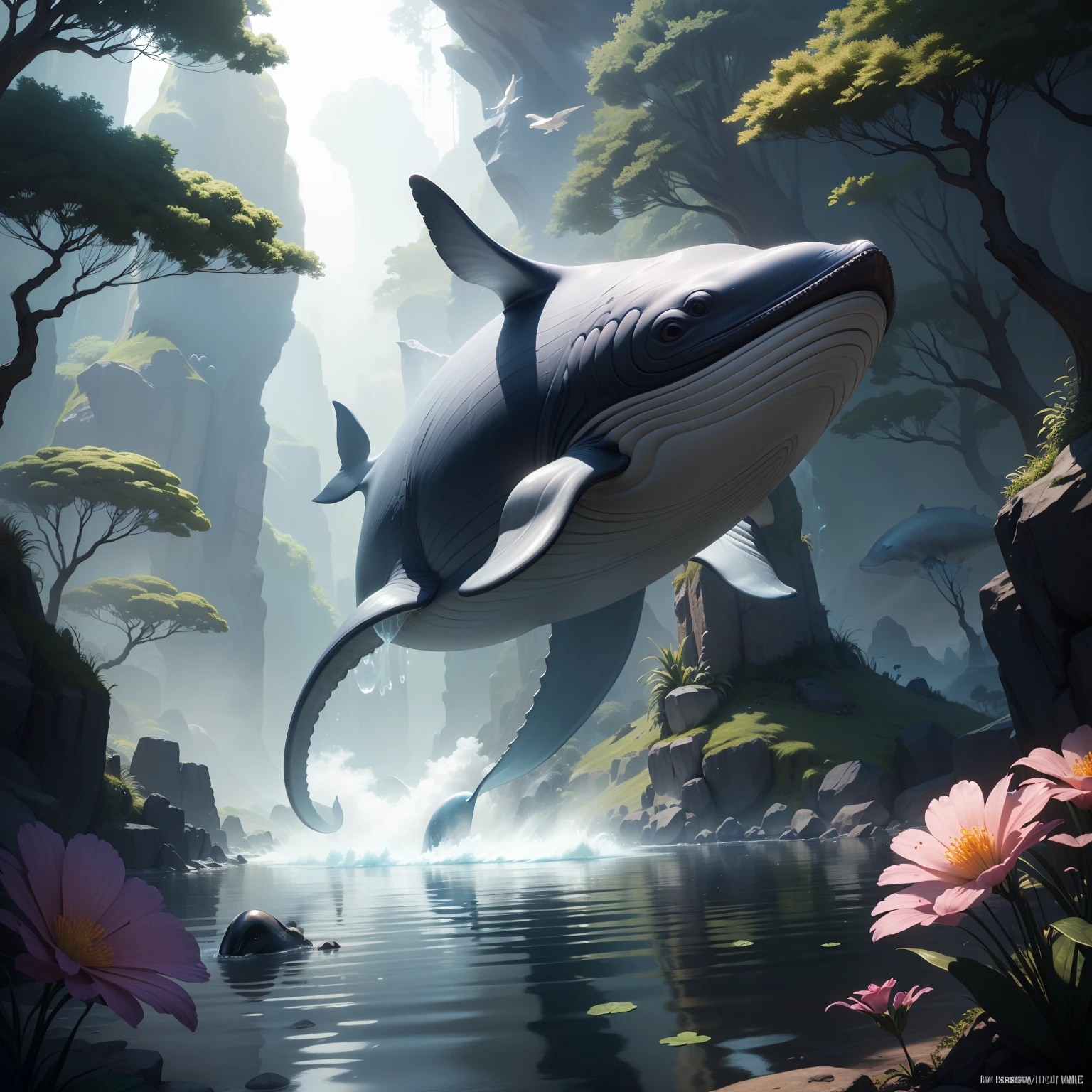 "(melhor qualidade, obra-prima), detalhes ultra-realistas, CG wallpaper with 8K resolution, A magical whale knight wielding a sword and magic, em um ambiente de fantasia com nuvens e floresta densa ao longe."