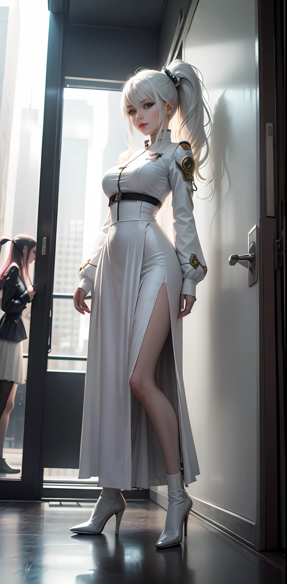 Cyberpunk Style, s girl, 年轻, White hair, ssmile, long whitr hair，White long sleeves，Very long skirt，full bodyesbian， white stockings，Royal sister style，White uniform，slenderlegs，High ponytail，城市