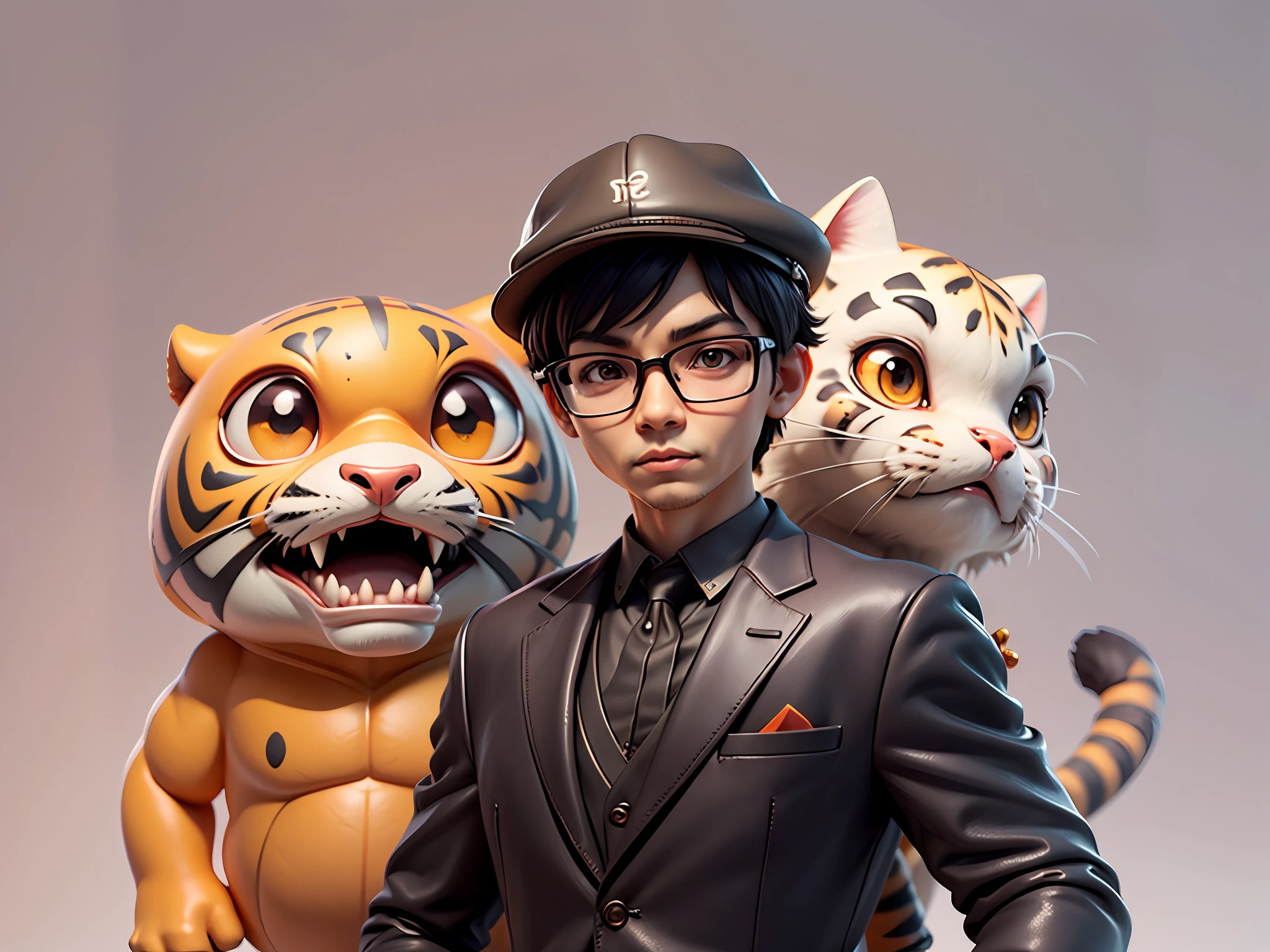 Young man with oriental face in leather hat, tiger, oriental face in formal suit, short black hair, silver glasses, digital painting, 3D character design by Mark Clairedon and Pixar and Hayao Miyazaki and Akira Toriyama, the illustration is a high-definition illustration in 4K resolution with very detailed facial features and cartoon-style visuals.