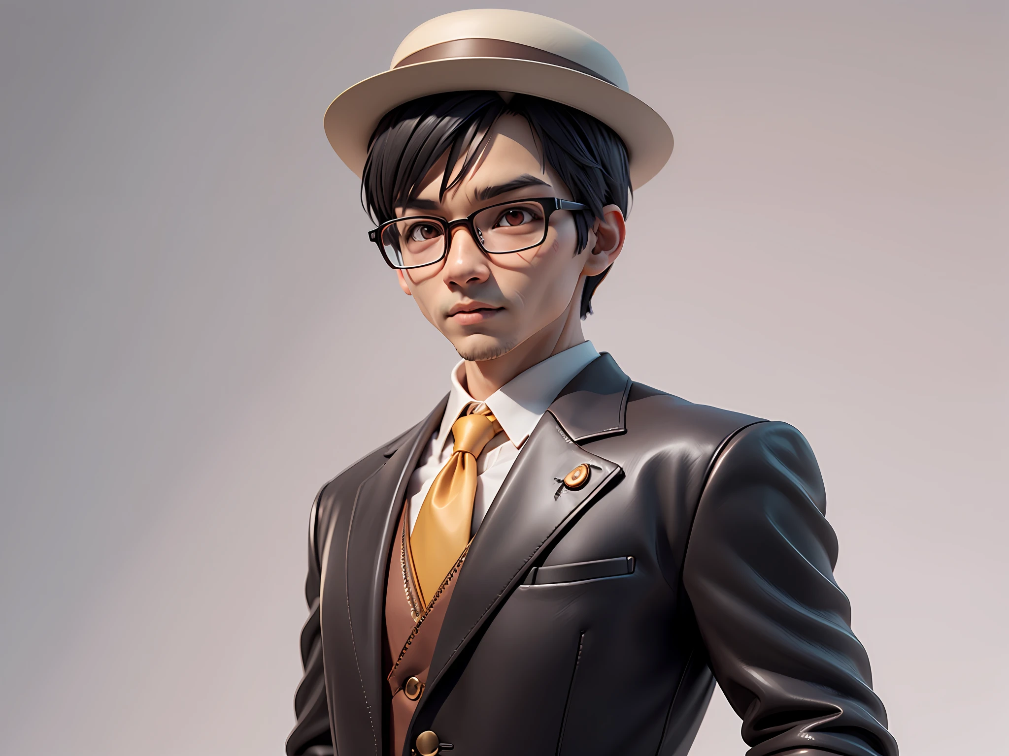 Young man with oriental face in leather hat, tiger, oriental face in formal suit, short black hair, silver glasses, digital painting, 3D character design by Mark Clairedon and Pixar and Hayao Miyazaki and Akira Toriyama, the illustration is a high-definition illustration in 4K resolution with very detailed facial features and cartoon-style visuals.