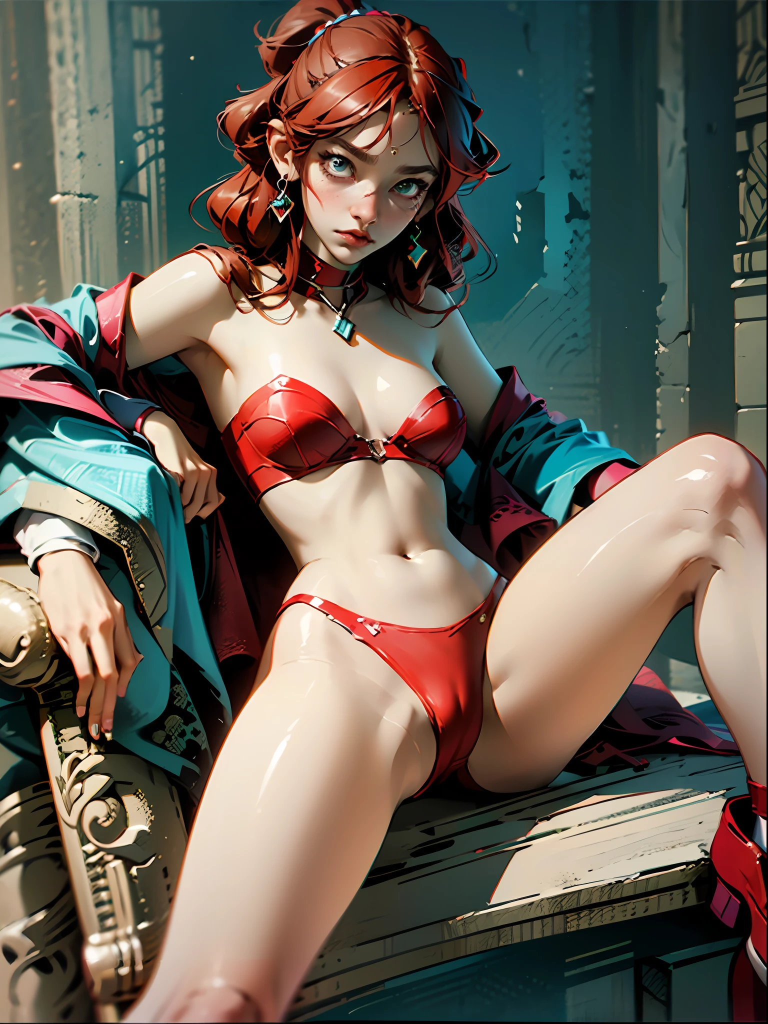 a sexy red haired warrior girl, sitting on a fur covered throne, red face, anime style, semi-naked, sexy pose, spread leg, lying, (spread --auto --s2