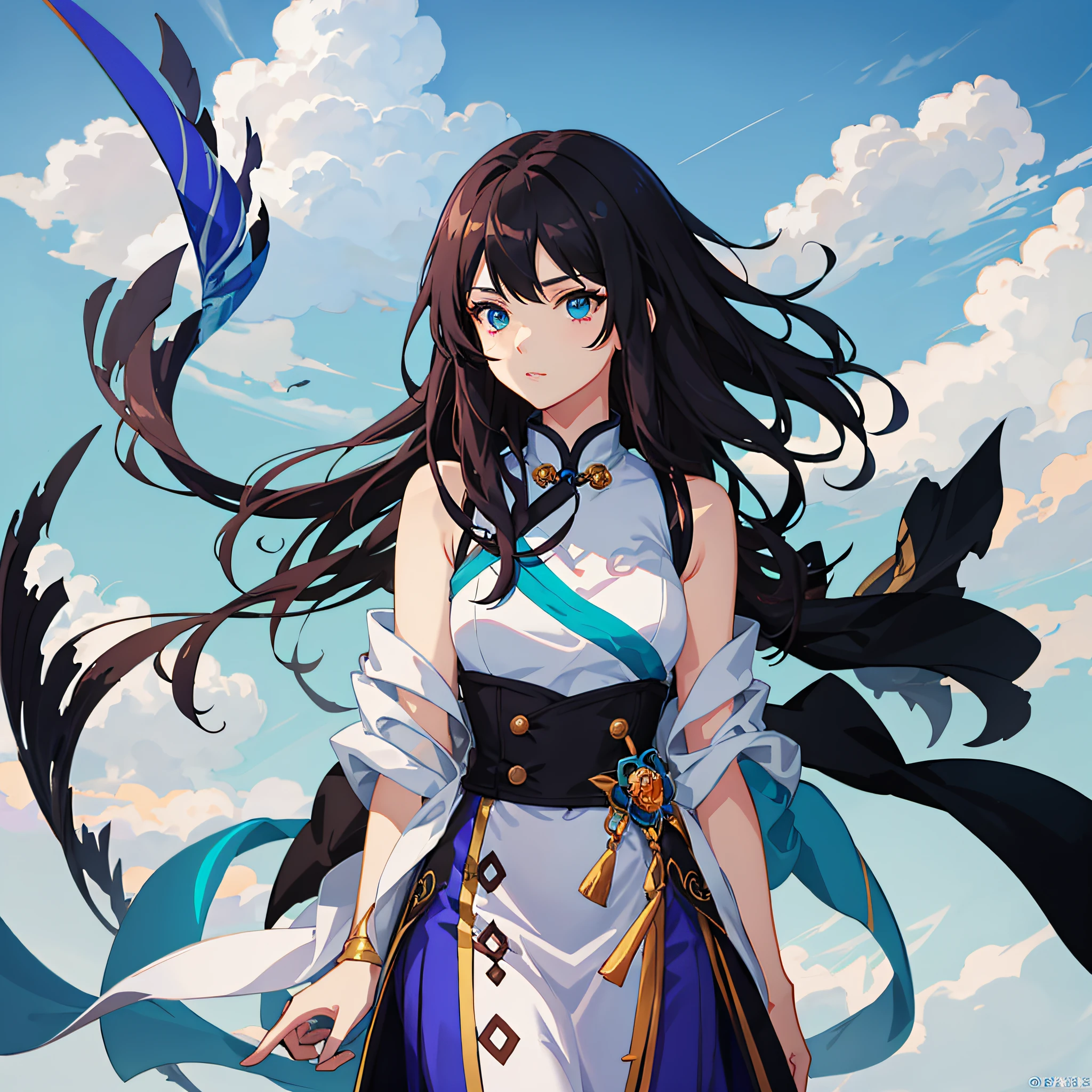 There is only one girl in the picture,Wearing a black cheongsam,Shoulder-length anime girl with black hair and blue eyes,Wearing a white coat on a cheongsam,The background is blue sky, White clouds, Blue-green sea, Anime moe art style, Guviz, black-haired mage, Guweiz in Pixiv ArtStation, Portrait Chevaliers du Zodiaque Fille, Digital anime art, Guweiz on ArtStation Pixiv, style of anime4 K, Ayaka Genshin impact, Guviz-style artwork