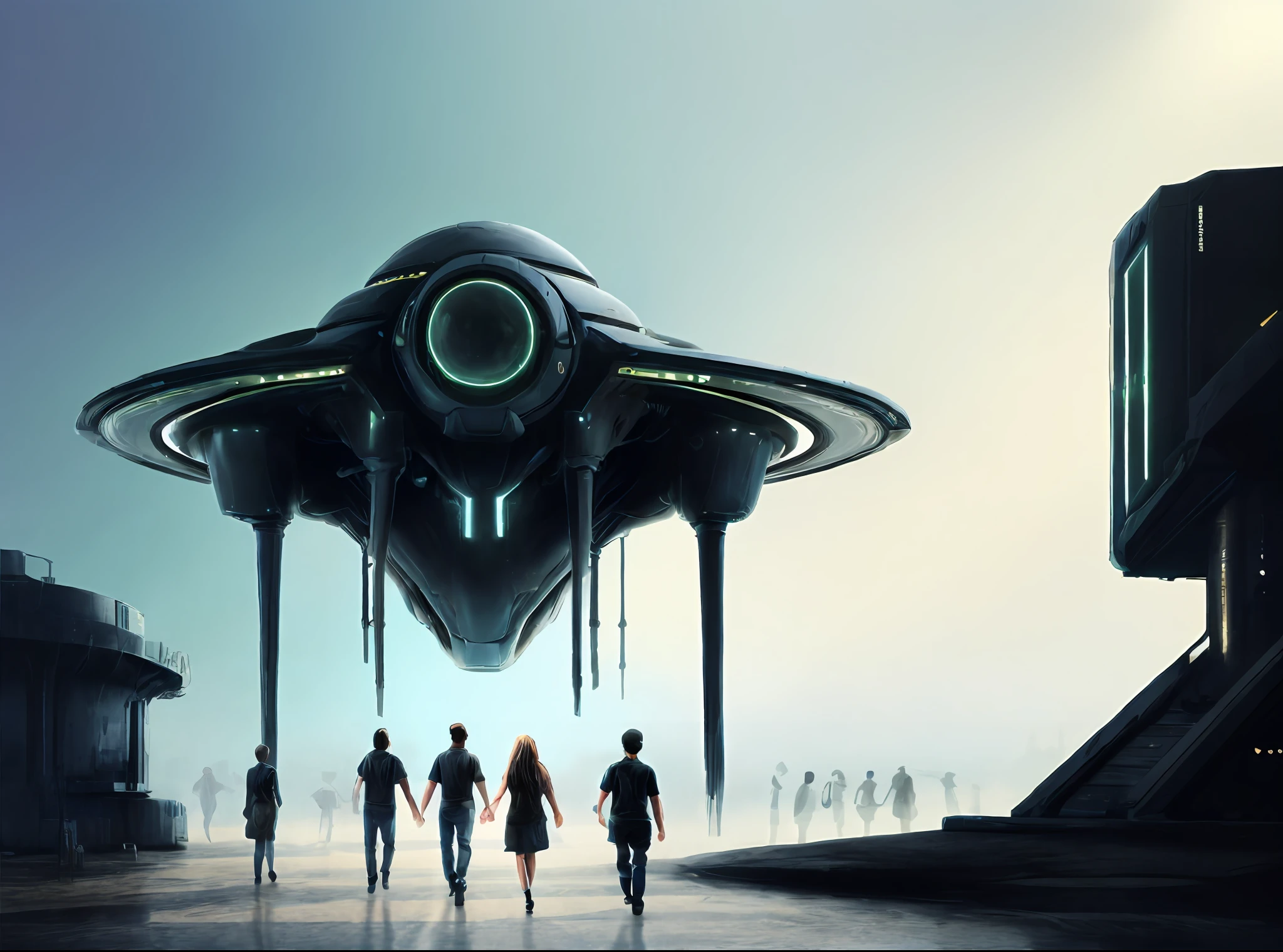 Many aliens with human-like bodies, march in the futuristic fantasy city
