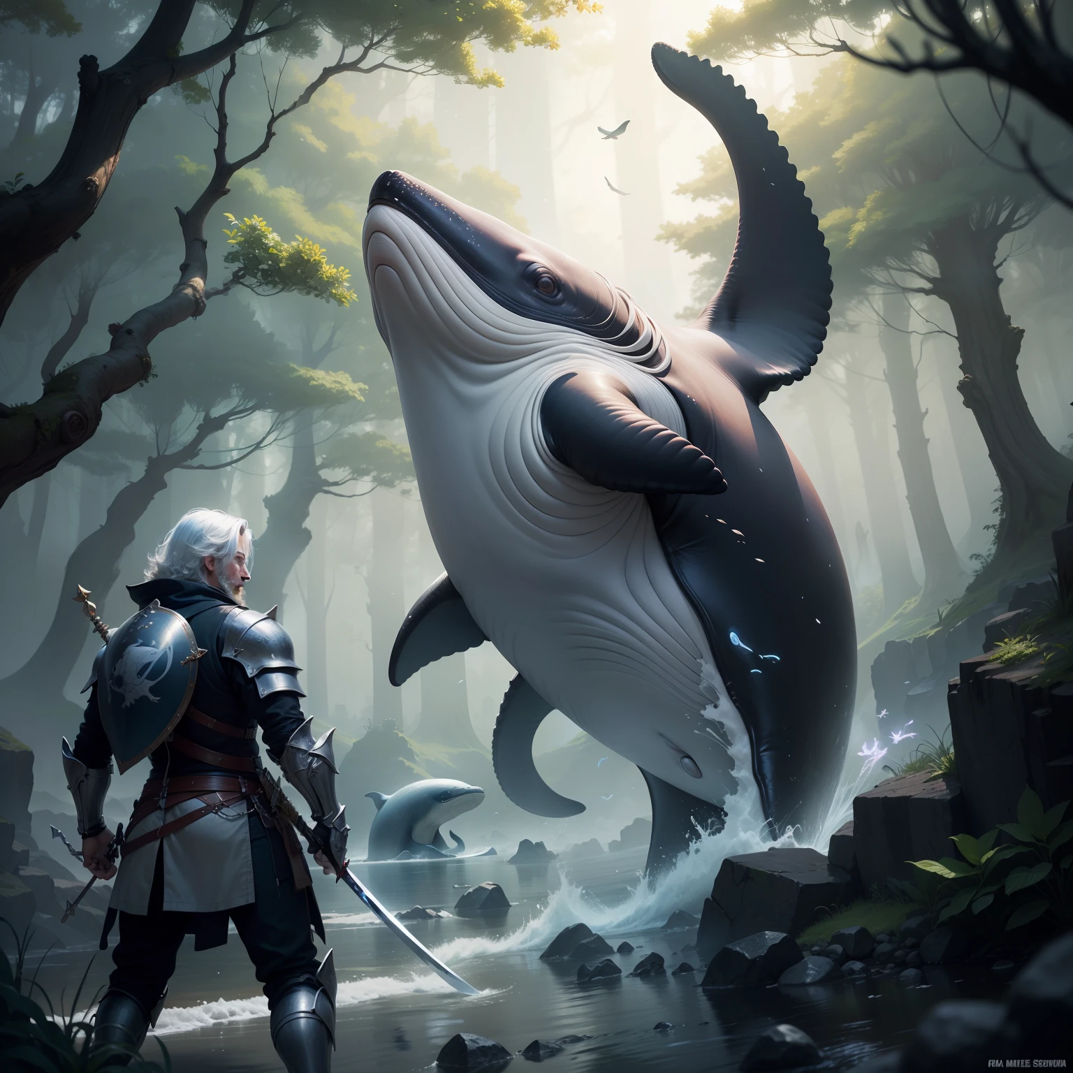 "(melhor qualidade, obra-prima), detalhes ultra-realistas, CG wallpaper with 8K resolution, A magical whale knight wielding a sword and magic, em um ambiente de fantasia com nuvens e floresta densa ao longe."