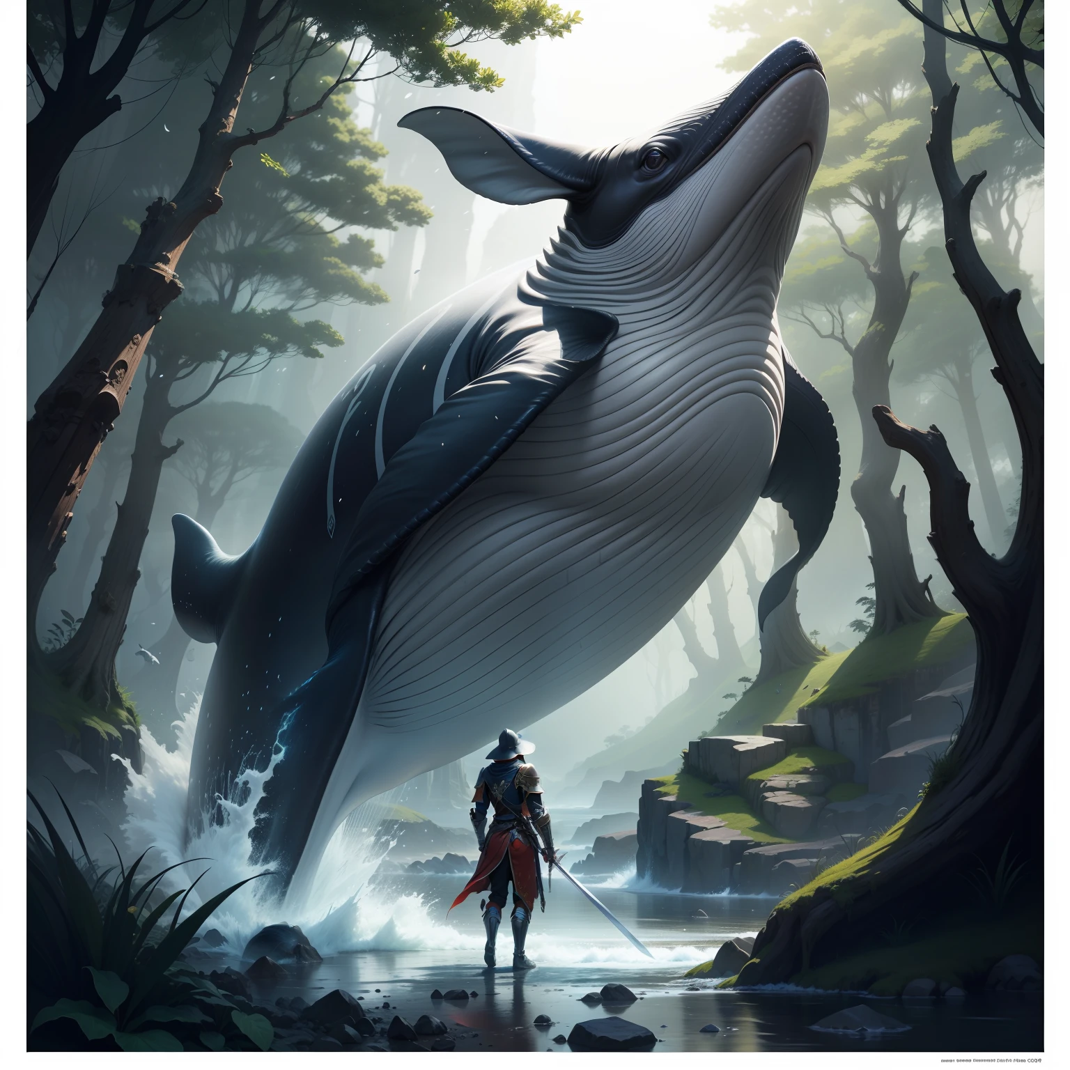 "(melhor qualidade, obra-prima), detalhes ultra-realistas, CG wallpaper with 8K resolution, A magical whale knight wielding a sword and magic, em um ambiente de fantasia com nuvens e floresta densa ao longe."