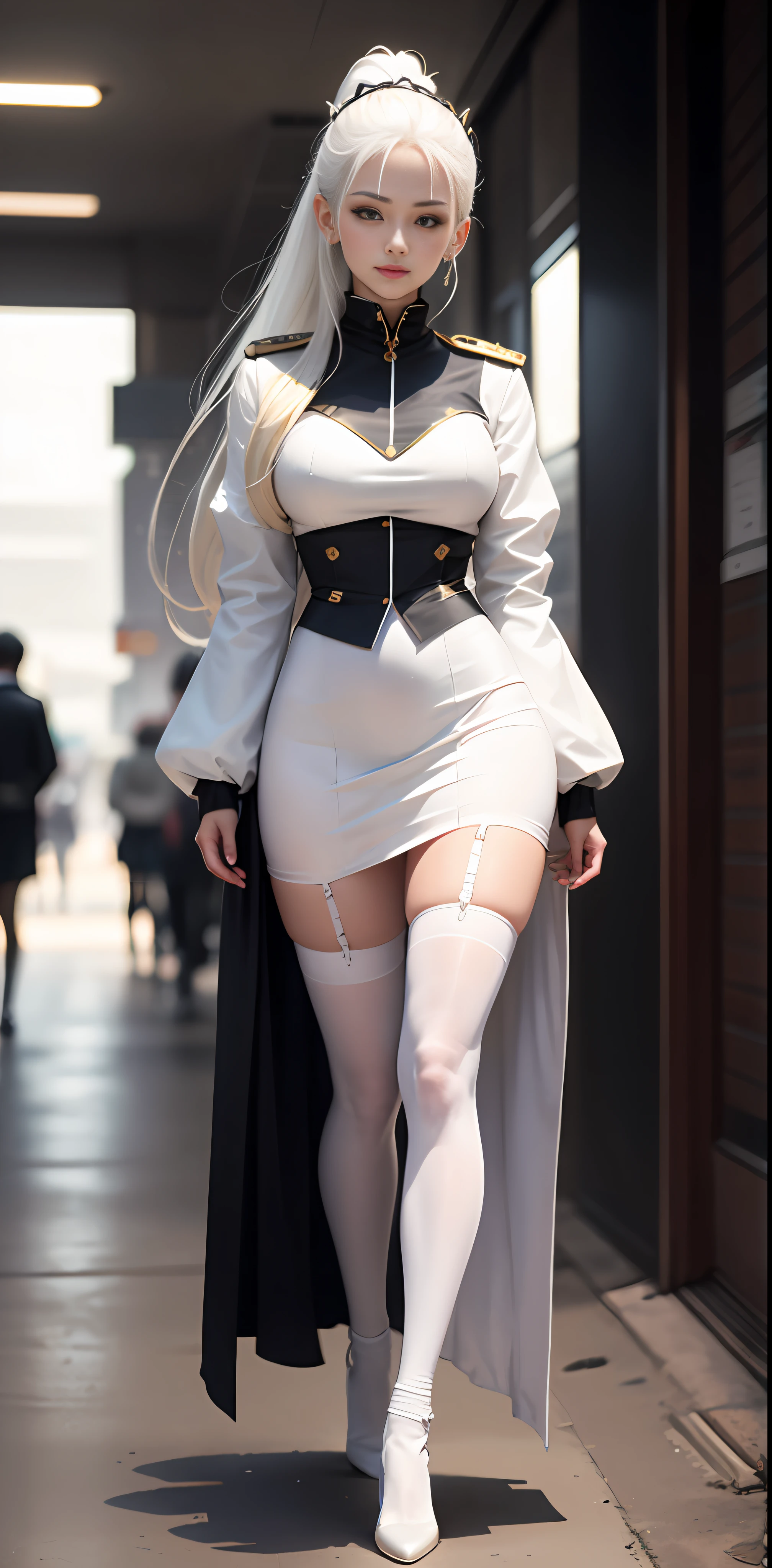 Cyberpunk Style, teens girl, 年轻, White hair, ssmile, long whitr hair,White long sleeves,Very long skirt,full bodyesbian, white stockings,Royal sister style,White uniform,slenderlegs,High ponytail,城市