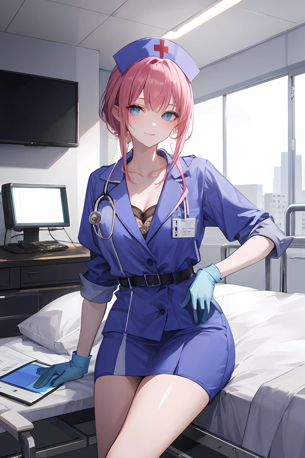 master piece, beste-Qualit, detailded, seulement, 1fille, nurse, bas, seductive pose, nurse cap, rideaux de poitrine, Gants, Souriant, attentive, compatissant, interagir, amical, chaleureux, hospital, Medical Clinic, nursing position, chevet du patient, salle de traitement, Medical equipment, fournitures, hospital beds, moniteurs, medicaments, patient, Colleagues, traditionnel, bleu clair, protecteur, background, cadre, medical, clinique, chevet, traitement, equipment, fournitures, hospital bed, moniteur, medicaments, masque chirurgical, Cheveux courts, seins moyens, beaux yeux bruns, décolleté, gros seins, transpiration, rougissement, respiration lourde, masque chirurgical, Medical gloves, lingerie, bas, seductive pose, (Pluie), rideaux de poitrine,