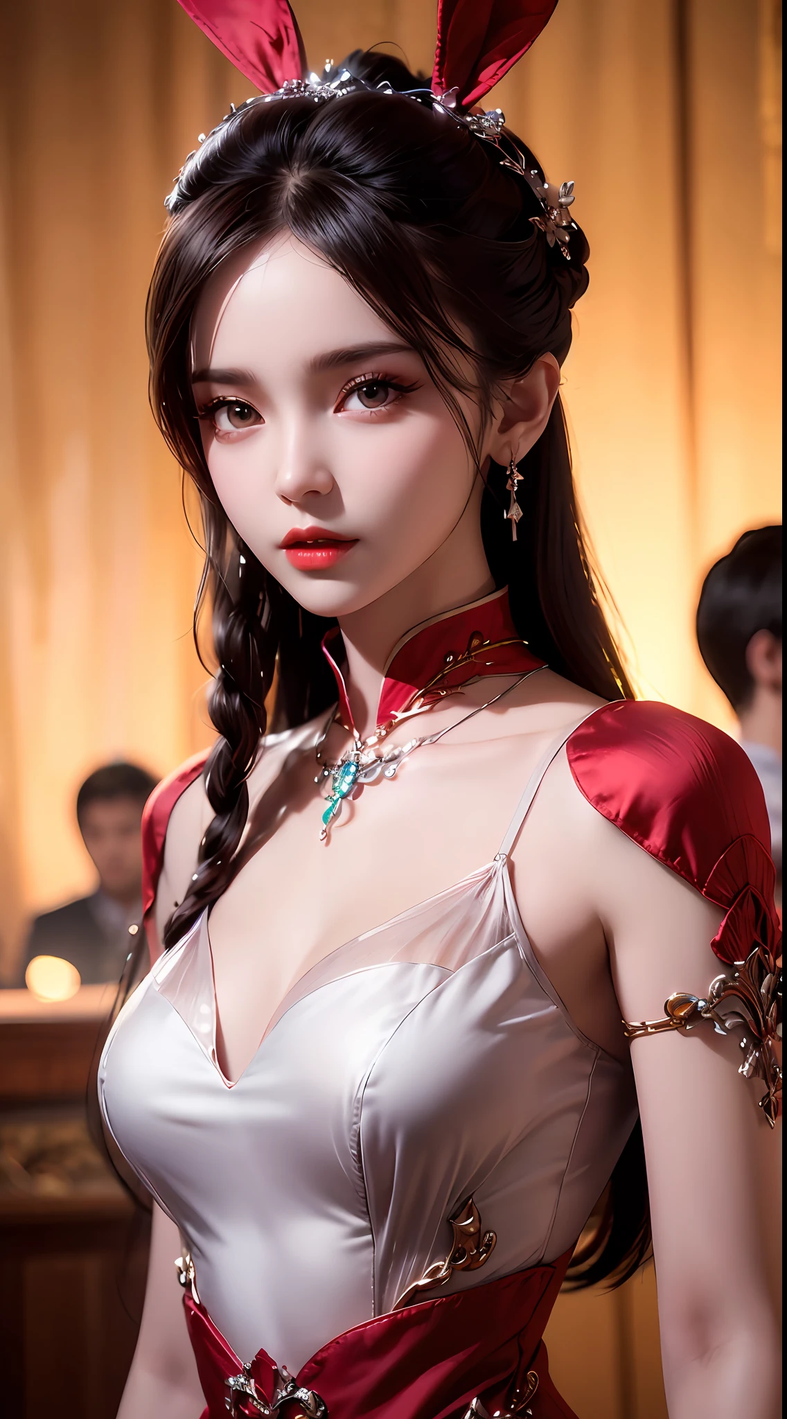 1 beautiful girl in beautiful hanfu costume, thin red silk shirt with many yellow motifs, black lace top, light pink rabbit ears, long hair dyed pale purple platinum, beautiful hair jewelry, pretty face cute pretty face, perfect face, earring jewelry, antique jewelry, big red eyes, sharp eye makeup, meticulous eyelash makeup, thin eyebrows, high nose, pretty red lips, no smile, pursed lips, rosy cheeks, big bust, big bust, well-proportioned bust, slim waist, red mesh stockings with black border , Chinese hanfu style, fictional art pattern, vivid and true color, RAW photo, real photo realistic, ultra-high quality 8k surreal photo, cool photo, (virtual lighting effect: 1.8), 10x pixels, magic effect (background): 1.8), (ultra-detailed eye: 1.8), (eyelids): eyes): red: 1.8), (black eye pupil: 1.8)beautiful girl portrait, alone girl, ancient hanfu background, looking directly at the audience, wide original image, 8k quality, super sharp , the most detailed and clear images, detailed bright background,