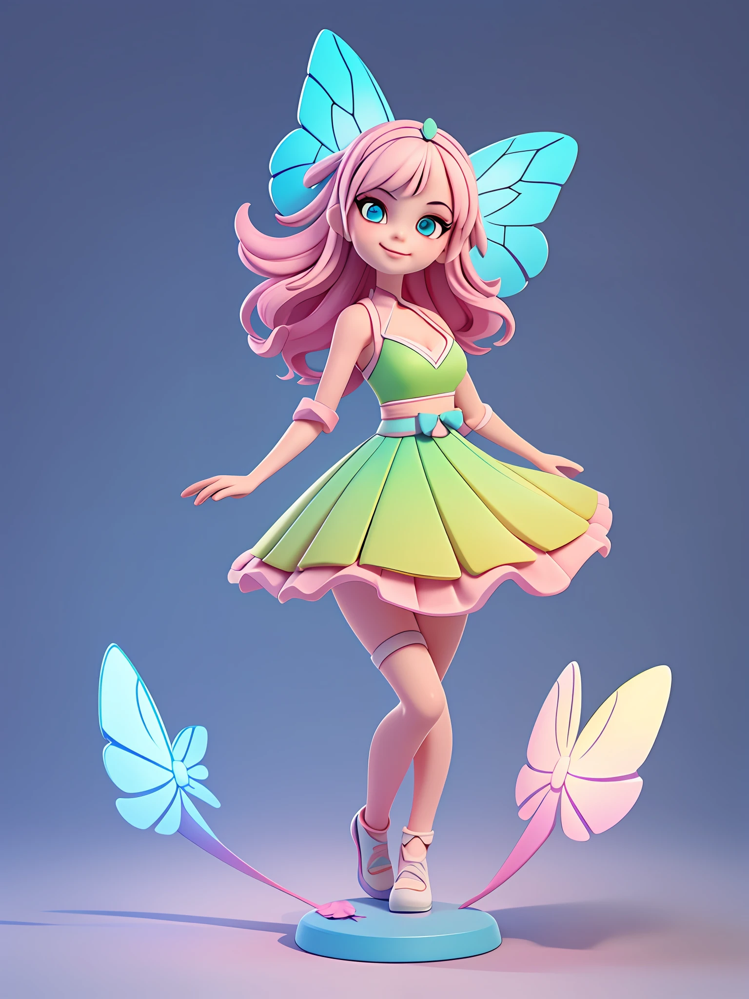 Detailed plastic materials,((Same character,frontage,Lateral face,on back))Best quality at best,(Very detailed model),(Best quality at best),rendering by octane,Ray traching,The is very detailed,3D toy,Exaggerated huge hair,bit girl(完整body)(3d hair,Cute hair accessories,((children's)),Beautiful eyes,Cute big eyes,Cute face,Pink green gradient,Drum skirt,Cute dress,chib,Fluorescent translucent,Colorful,plastics,children's,cleanness,Product design,glowing jelly,Delicate and cute plastic,Beautiful light and shadow 3D,number art,translucent plastic bubblegum,closeup cleavage,3d,ultra - detailed,Generate a front view,the sideview,Rear view three views,No border,c4d,Octane rendering,Blender,k hd,full bodyesbian,simple backgound!),(((butterfly wings)))(((The body is symmetrical from side to side)))(ssmile)(Full body like)(Skirt to the knee)(Butterfly fairy)(Fly up)(one-girl)(There is light on the face)(Skirt to the knee)(Skirt to the knee)(The skirt covers the thighs)(and detailed details)(tmasterpiece)(Stand up straight)(Beautiful butterfly wings)(Fill your face)