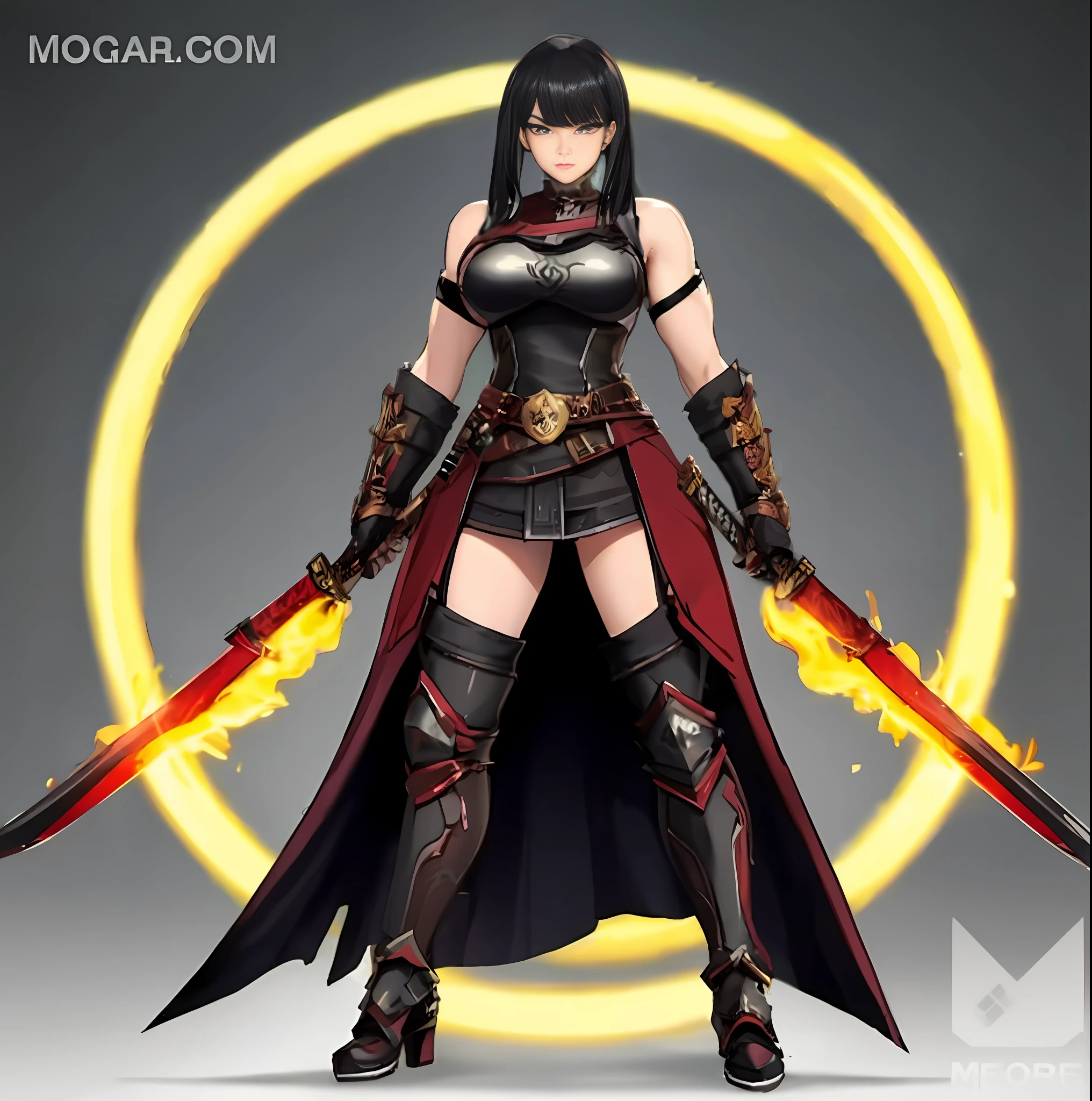 Woman in armor with two swords and a fire ring, katana zero video game character, epic mage girl character, demon noble character design, dark sorceress full view, black - haired mage, valkyrie style character, Female Rouge Assassin, dark sorceress fullbody pose, as a badass monster hunter, flame conjuring armored, warrior character design, female assassin with